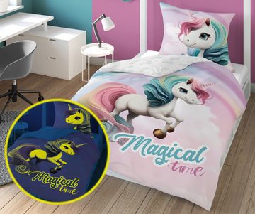 Kinderbettwäsche Set süßes Magic Einhorn leuchtend im dunkeln, 140x200+70x80 Baumwolle, Häßler Homefashion, Baumwolle, 2 teilig