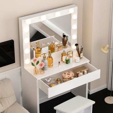 LETGOSPT Schminktisch Modern Schminktisch Schlafzimmer,Frisierkommode mit Spiegel und Hocker, Frisiertisch Kosmetiktisch Hollywood LED-Beleuchtung mit Ladefunktion