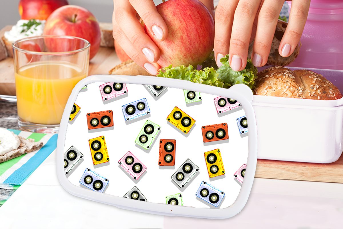 MuchoWow Lunchbox Heranwachsende - und Erwachsene, für Muster, Mädchen für Brotdose, (2-tlg), - - Kunststoff, Brotbox Kinder Musik Kassette weiß und Jungs