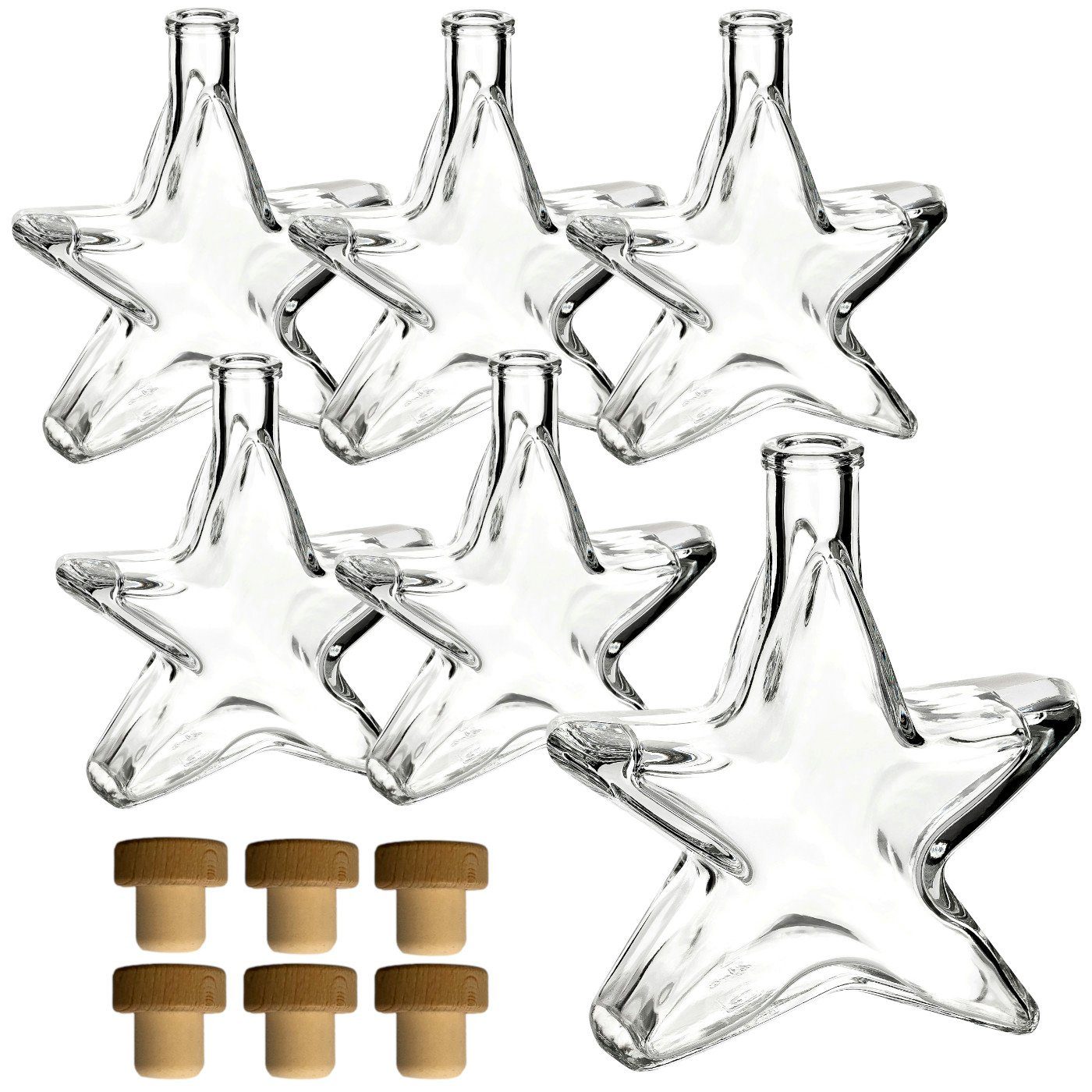 gouveo Trinkflasche »6er Set Glasflasche 200 ml Stern mit Korken -  Weihnachtsflasche 0,2 l«, Stern-Design, Korkverschluss