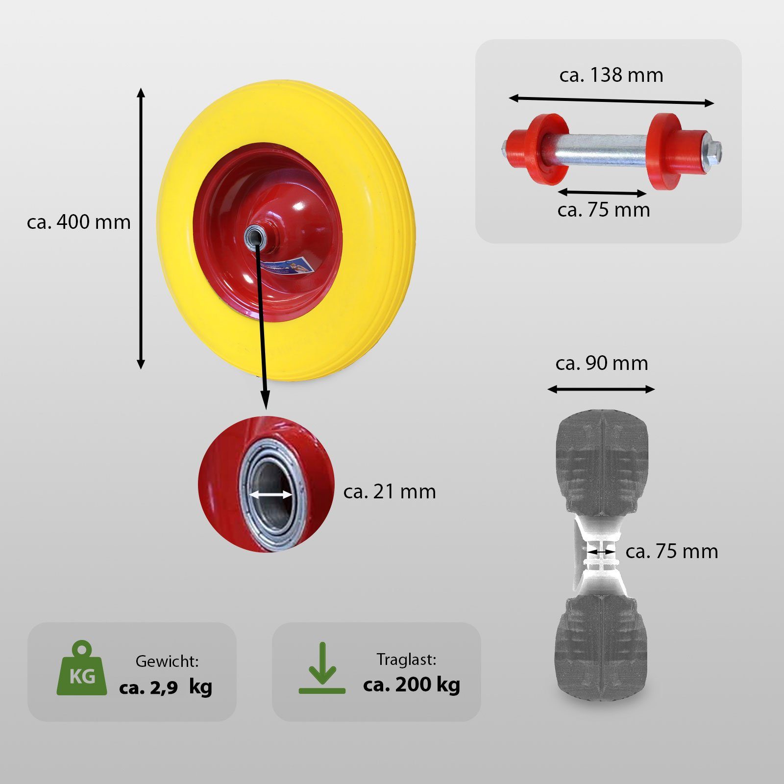 TRUTZHOLM Schubkarren-Rad Vollgummi 4.00-8 / 4.80 mit Achse 200 Kg Ersatzrad Schubkarre PU (Einzeln, 1 St), pannensicher