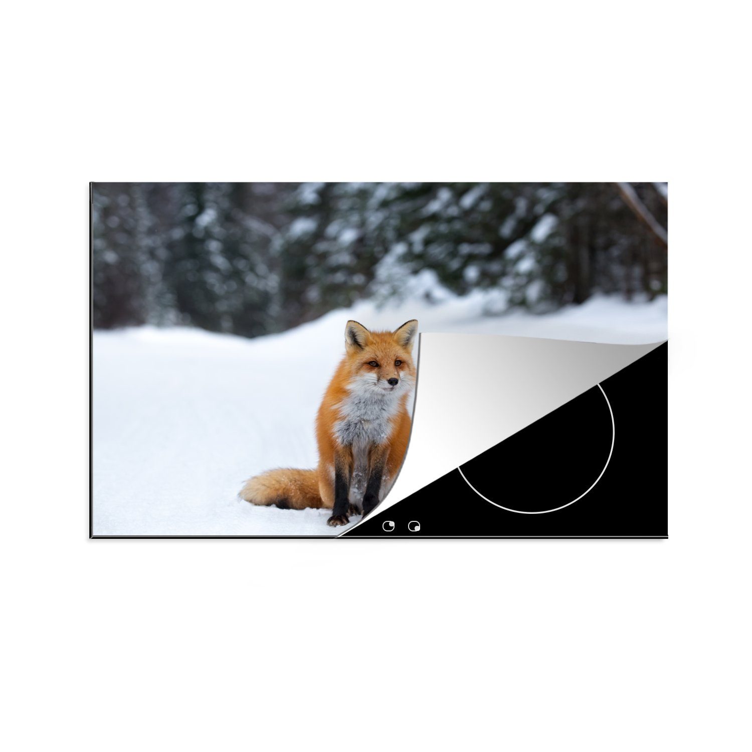 MuchoWow Herdblende-/Abdeckplatte Fuchs - Schnee - Wald, Vinyl, (1 tlg), 81x52 cm, Induktionskochfeld Schutz für die küche, Ceranfeldabdeckung