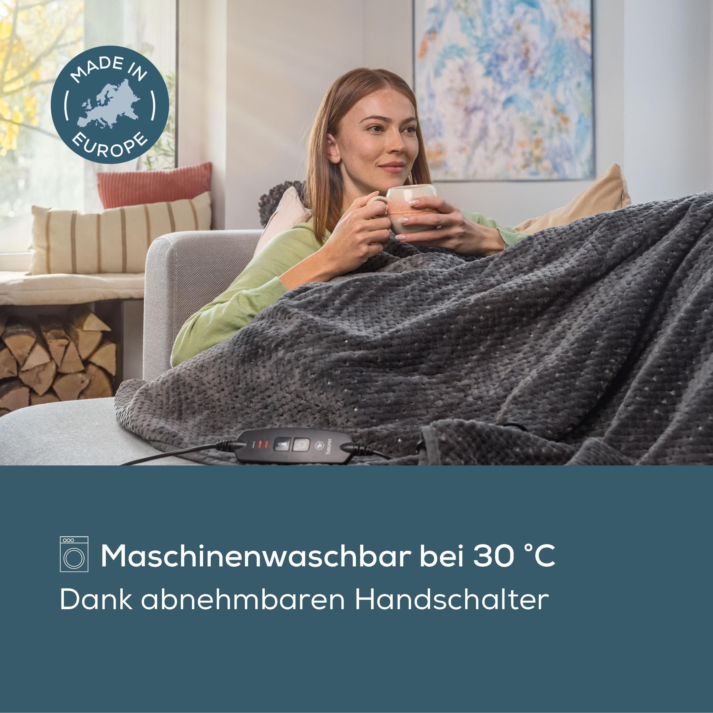 BEURER Heizdecke HD 65 Dark Grey, aus weichem Stoff, Maschinenwaschbar, mit 3 Temperaturstufen & Sicherheitsabschaltung