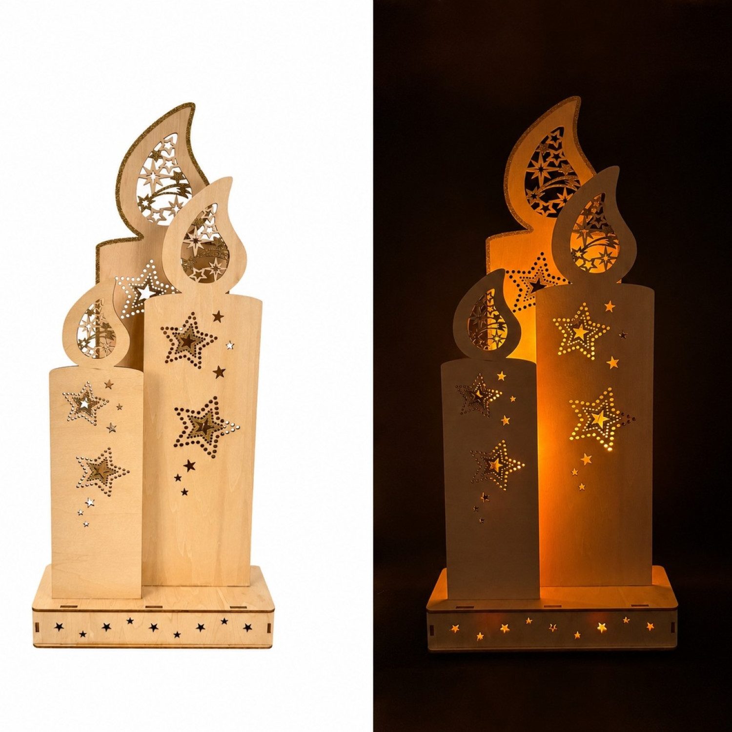 Online-Fuchs LED-Dekofigur 3 große Kerzen aus Holz mit Sternen und Timer- Weihnachtsdeko (mit goldenen Applikationen, 49 cm hoch), praktische 6-Stunden Timerfunktion