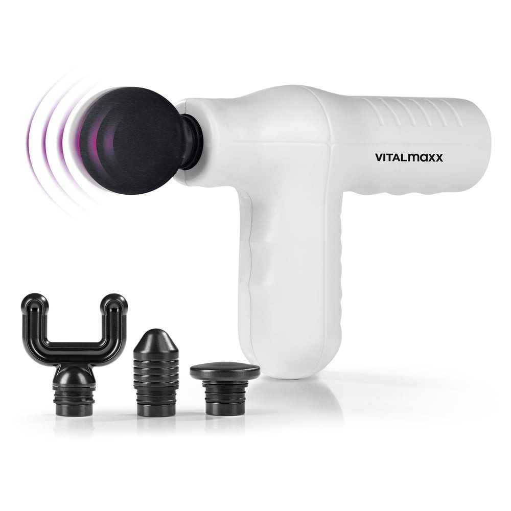 VITALmaxx Massagepistole Mini Massage Gun Smart Grip 4 Aufsätze, 5 Stufen Muskelregeneration Nacken Schulter bis zu 3000 Schläge/min