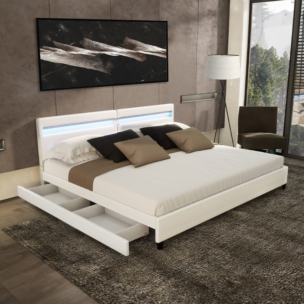 HOME DELUXE Kunstlederbett LED Bett mit Schubladen - 200 x 200 cm / 270 x 200 cm (inkl. Schubladen), gepolstertes Kopfteil, LED Beleuchtung, Familienbett, Stauraumbett