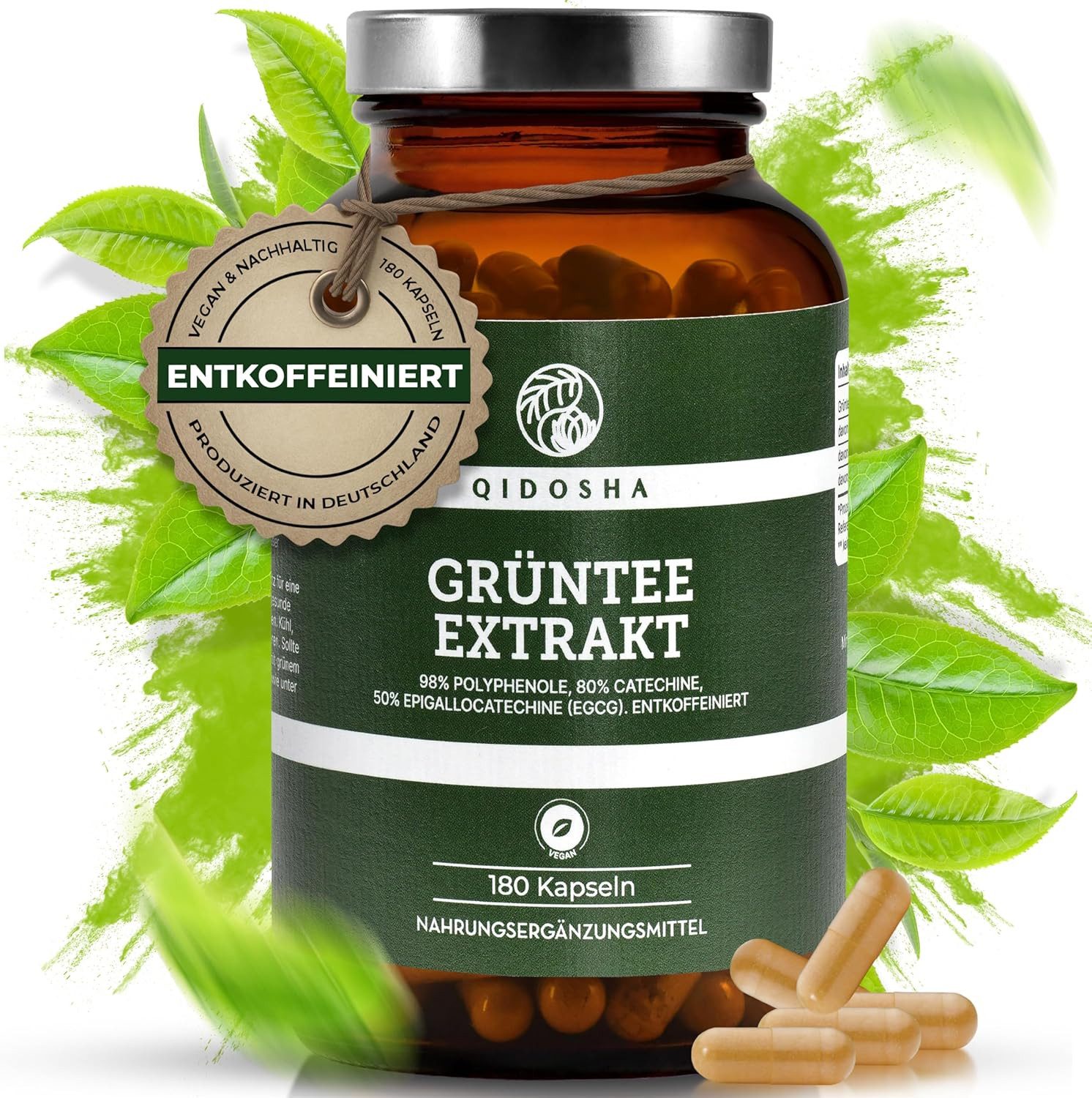 QIDOSHA Grüntee-Extrakt (entkoffeiniert) Kapseln, 1 er mit 50% EGCG, 180 Stk, 700mg Grüntee-Extrakt ohne Koffein je Kapsel, davon volle 350mg reines EGCG, EGCG Kapseln hochdosiert ohne Koffein à 180 St., 66.6 g, entkoffeiniert auf <0,1 % Koffein mit CO2-Verfahren.