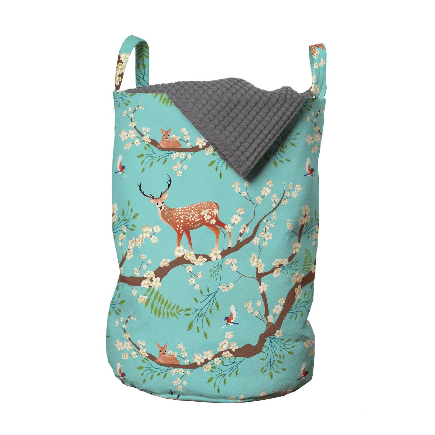 Abakuhaus Wäschesäckchen Wäschekorb mit Griffen Kordelzugverschluss für Waschsalons, Wald Vogel Sika Deer japanische Kunst