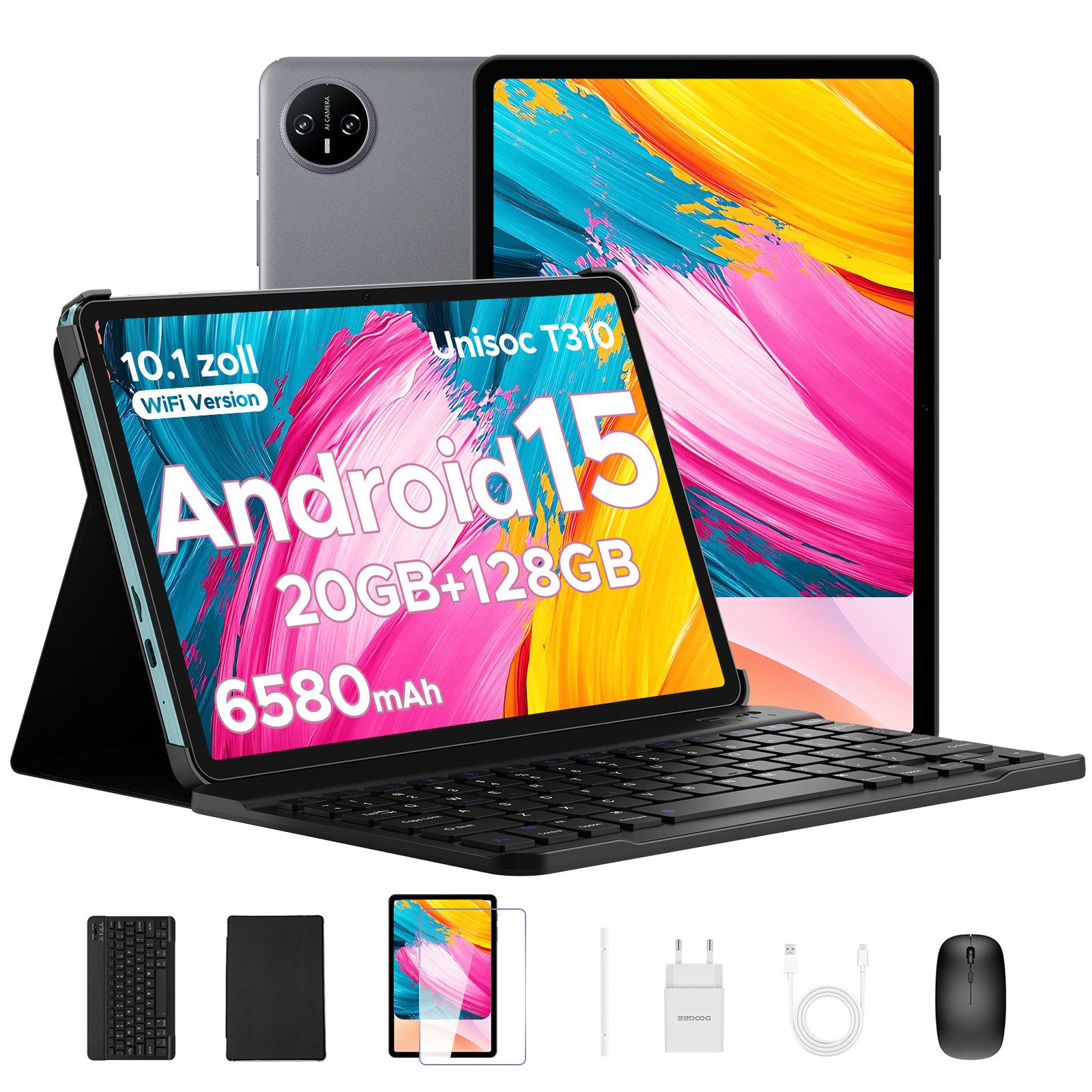 DOOGEE 2025 TAB A9 PRO Android 15 10.1 Zoll Tablet 4GB+128GB/2TB TF Gaming Tablet (10,1", Android 15, Set mit Tastatur, Maus, Stift Tablet, 5G WiFi/GMS/Face ID/BT 5.0)