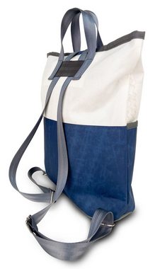 360Grad Tagesrucksack Rucksack Tasche Ketsch Mini, recyceltes Segeltuch, Weiss Balken Blau