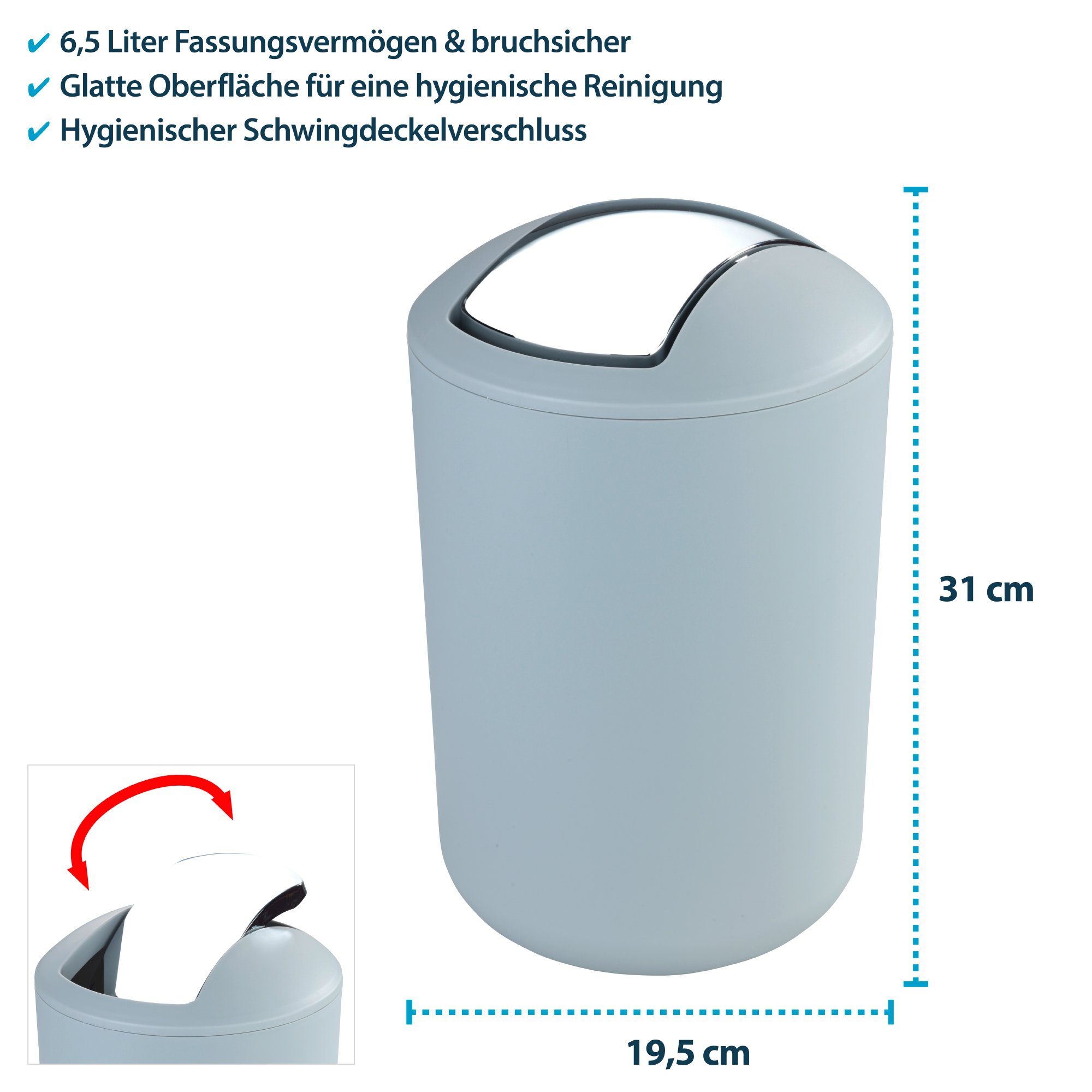 Basera® Kosmetikeimer mit Schwingdeckel, Badmülleimer bruchsicher Grau 6,5 Liter