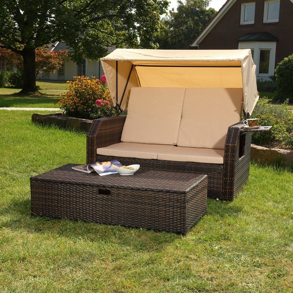 Melko Strandkorb Rattan Strandkorb Sonnenbett Dach Sonnenliege Relaxliege Gartenmöbel, BxTxH: 145x143x130 cm