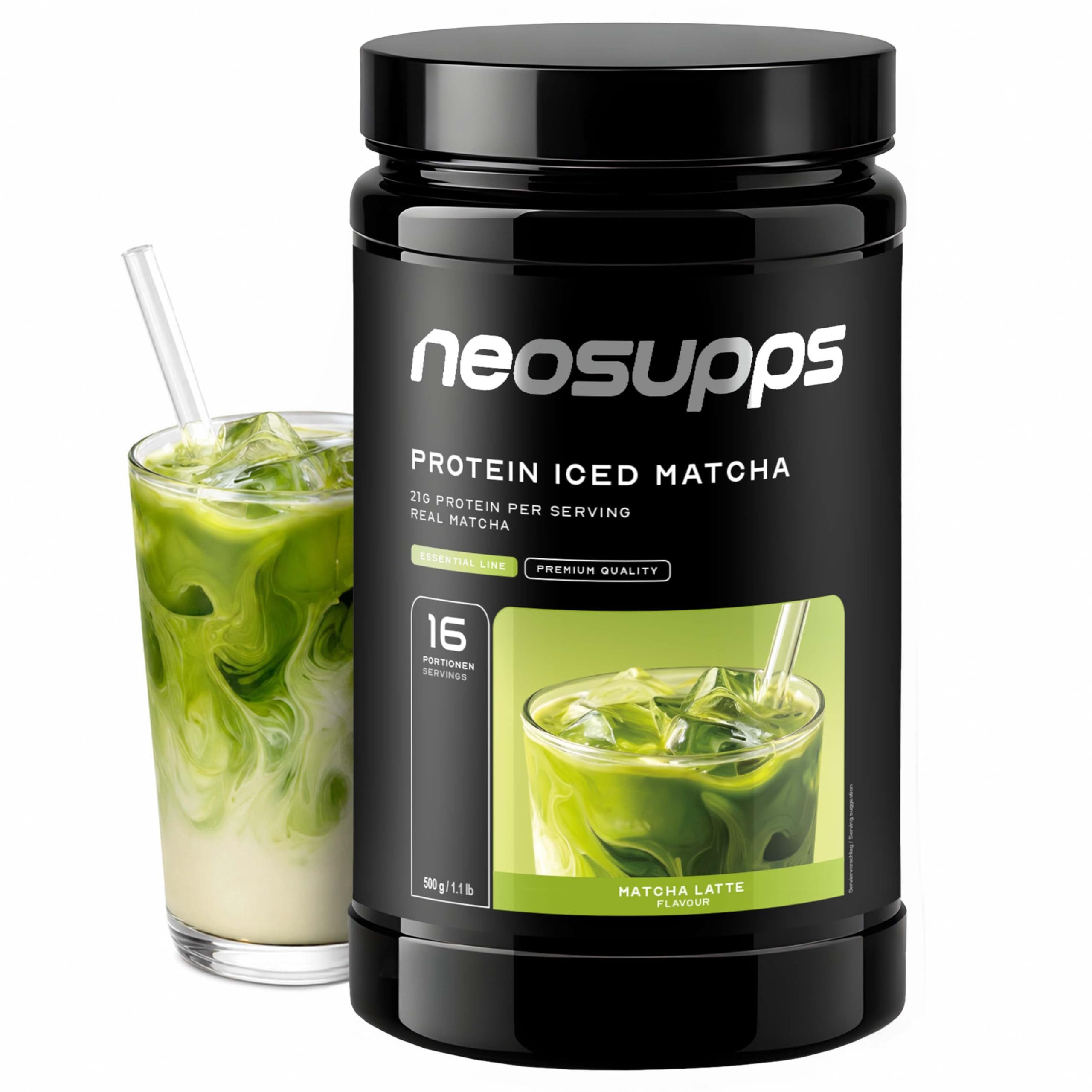 Neosupps Protein Iced Matcha Latte 500g, mit echtem Matcha, 21g Eiweiß Pulver, 500 g, Protein Shake mit Koffein, Matcha Grünteepulver, Kaffee Ersatz