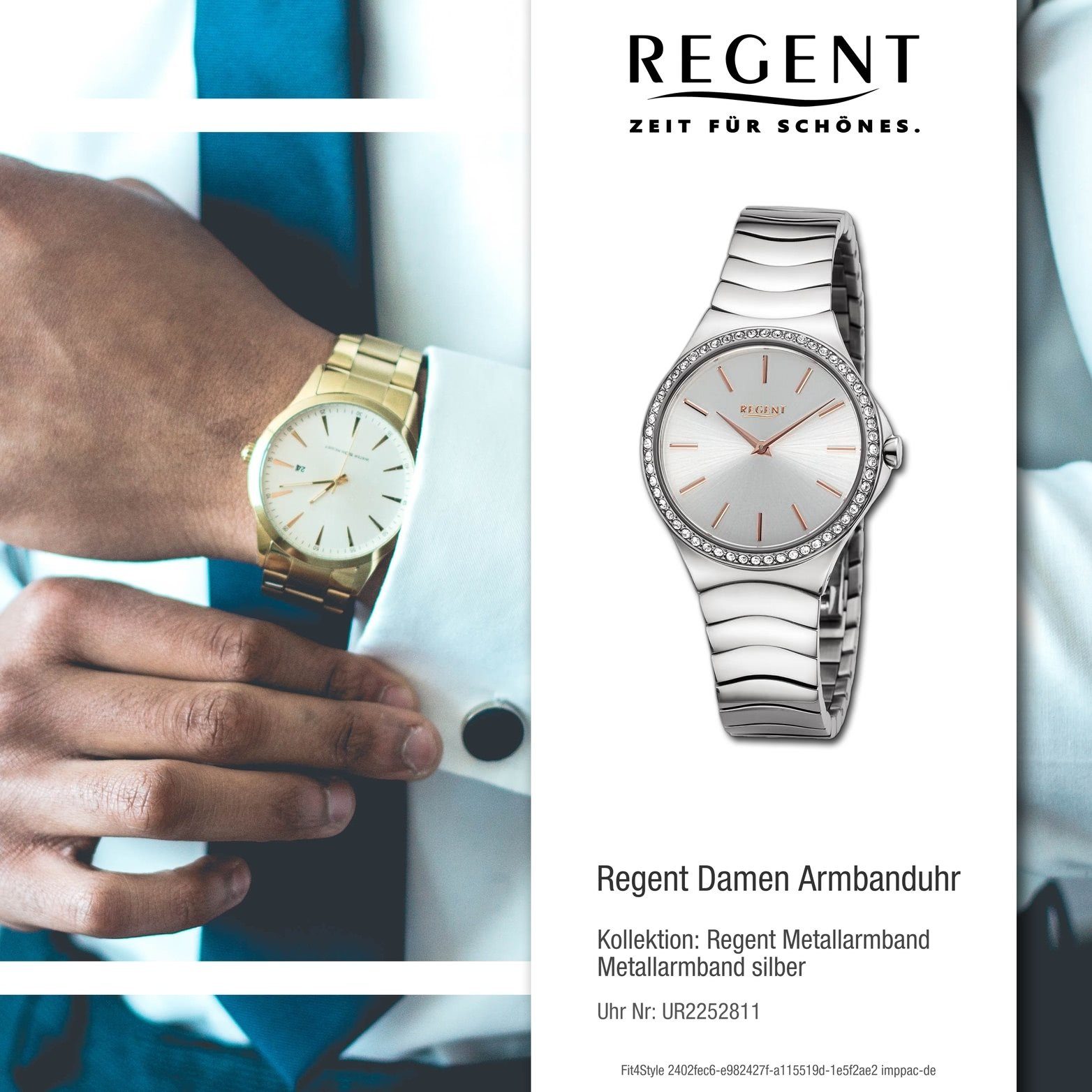 (ca. silber, Damen Analog, Damenuhr extra Gehäuse, Metallarmband rundes Regent Quarzuhr 33mm) groß Regent Armbanduhr