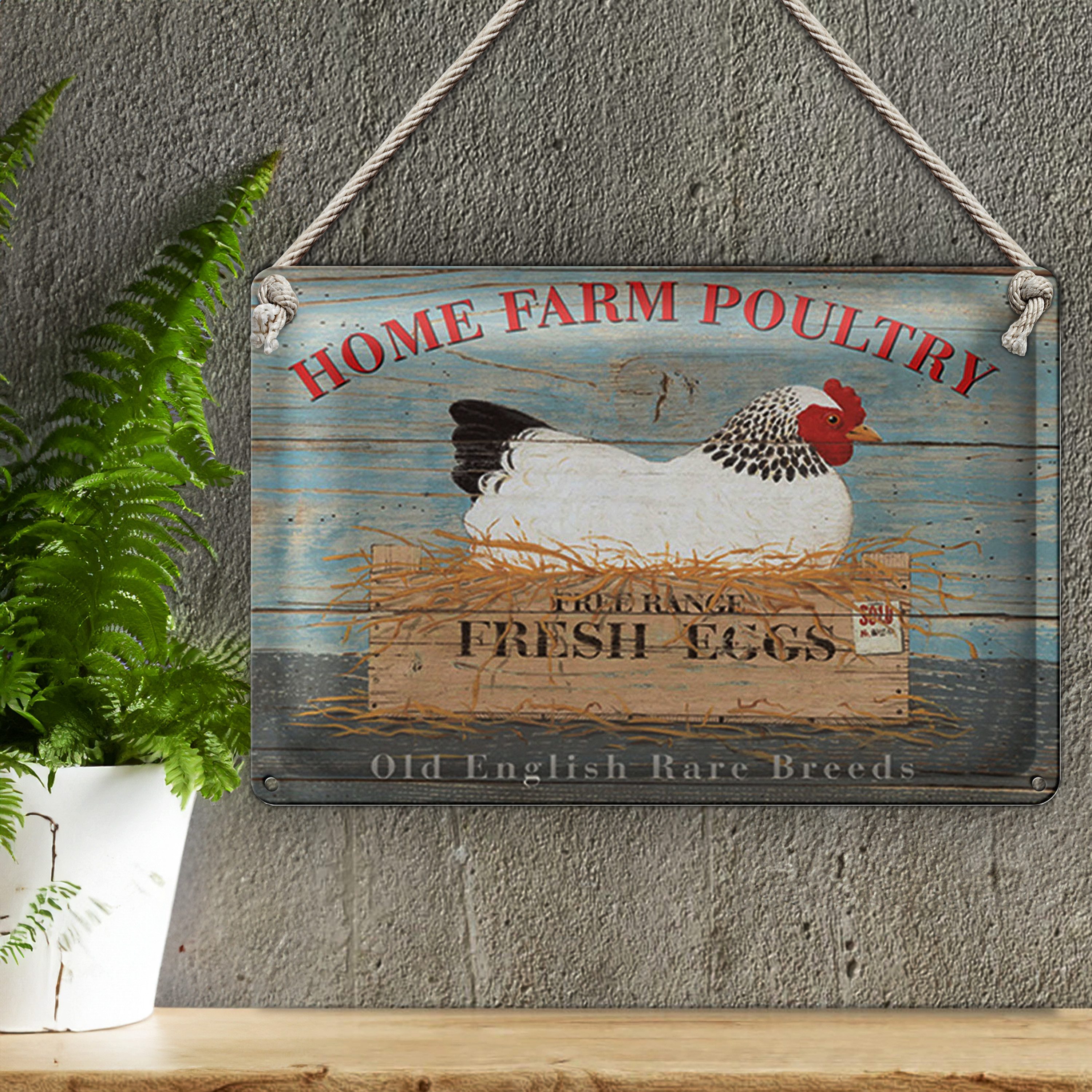 Roomando Metallschild Blechschild Spruch 30x20cm Home farm poultry fresh eggs