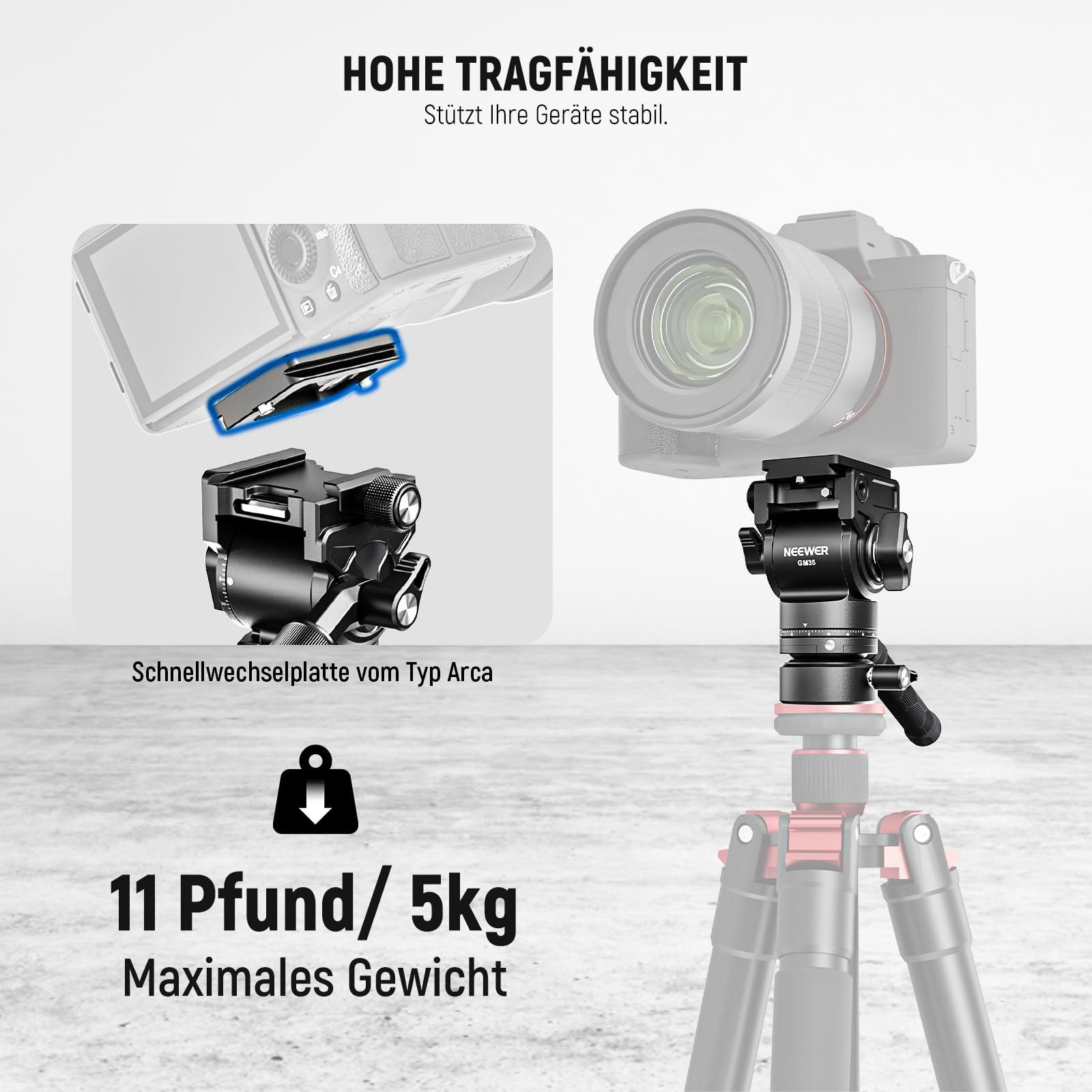 Neewer Fluid-Video-Neiger GM35 Fluidkopf Mini mit Arca Platte 5kg, Teleskopgriff