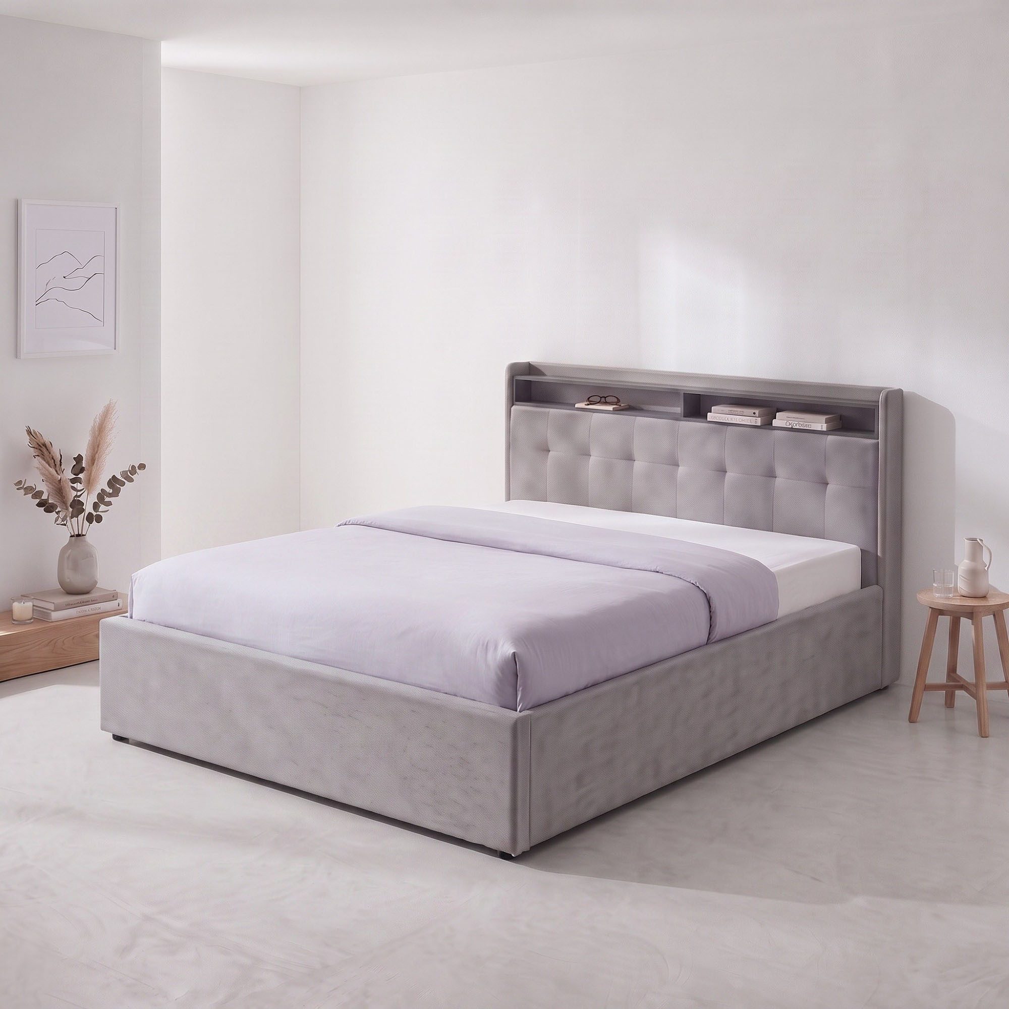 OTTO home Polsterbett Hamar, beleuchtetes Regal, USB/ USB-C, bis 250 KG belastbar (Liegefläche 140x200cm, Farbe Grau), LED-Licht und USB und USB-C Ladegerät im Kopfteil, Knopfsteppung