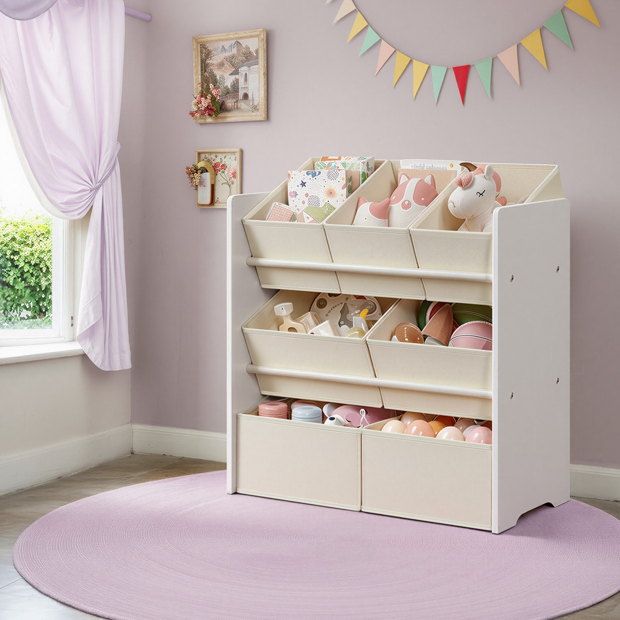 SONGMICS Spielzeugtruhe Kinderregal Bücherregal Kinder, mit Kippschutz, 29,5 x 62,5 x 60 cm (T x B x H), Kinderzimmer-Regal