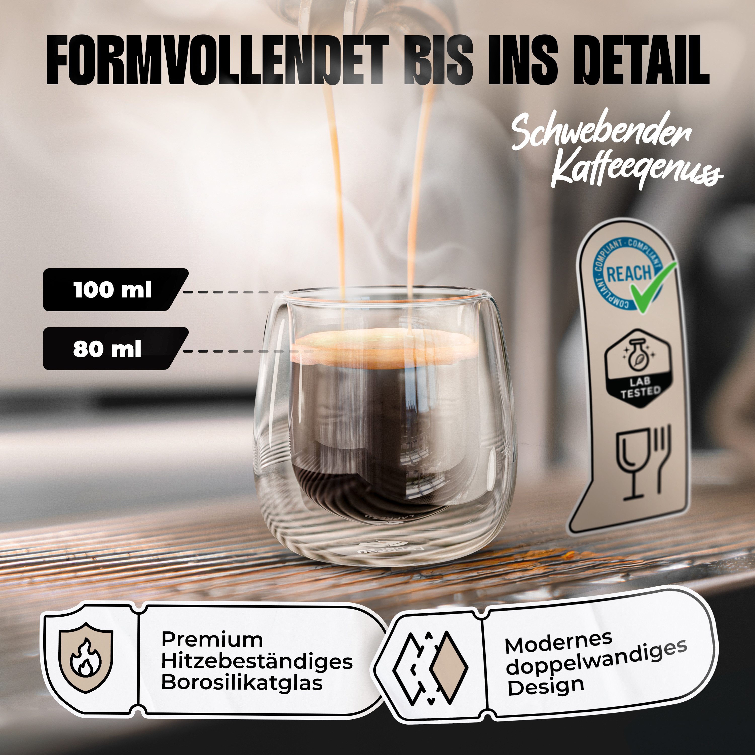 LAPRESO Espressoglas Doppelwandig Thermogläser Kaffeegläser Set 80 ml, 6-tlg., Borosilikatglas, 6er Set