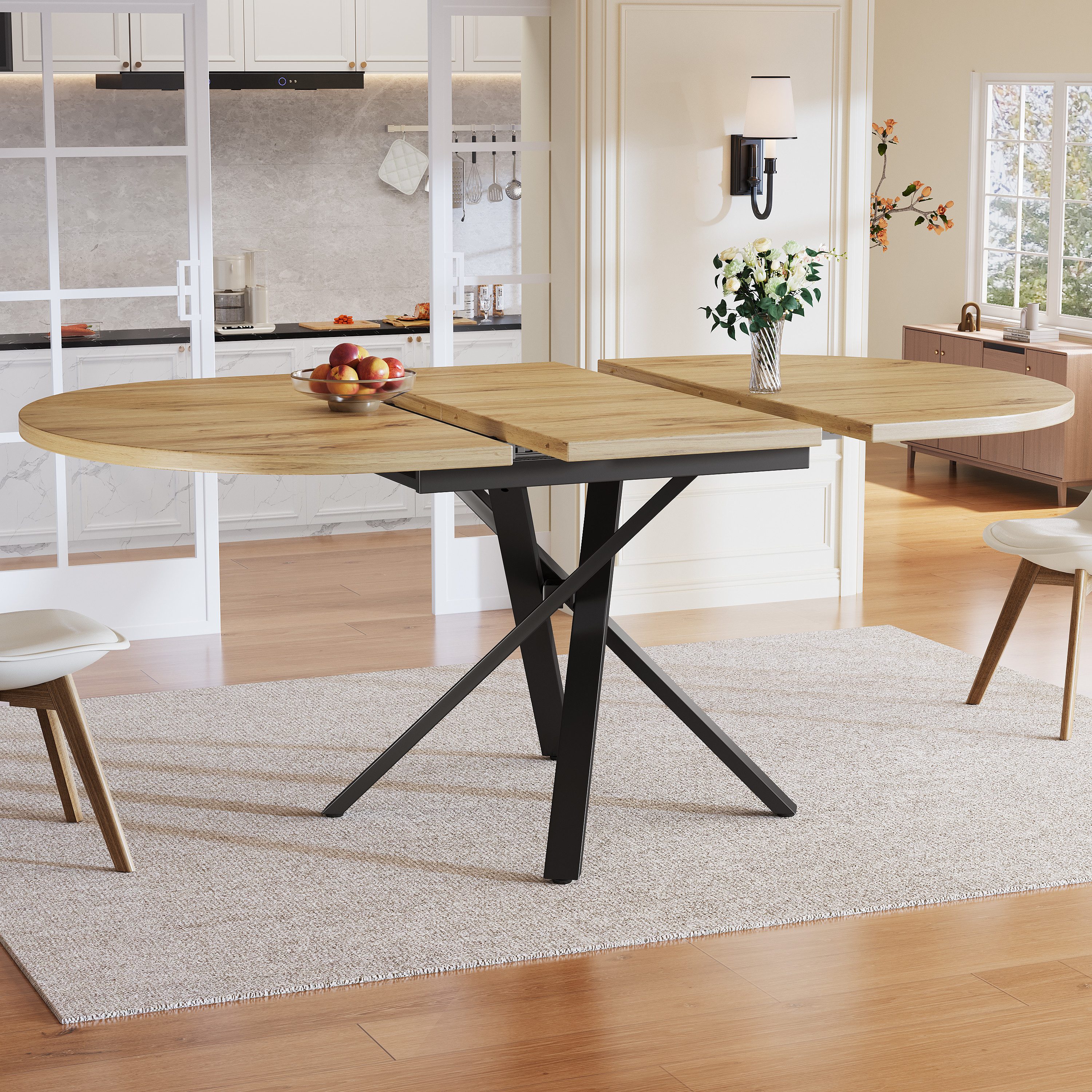 STILVORA Esstisch ausziehbar Rund-Oval Küchentisch mit Verstellbare Füße,in Holz-Optik (Esstisch, ausziehbar, rund-oval, Holzoptik, X-Metallgestell, 100–140 cm, Holzplatte, Metallrahmen, belastbar bis 60 kg), rund-oval wandelbar, Industriestil, verstellbare Füße
