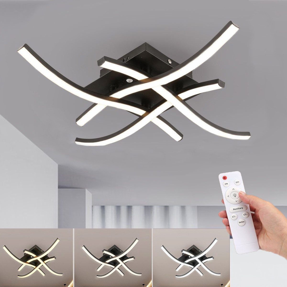 LETGOSPT Deckenleuchte LED Deckenleuchte 4-flammig Wellenförmig lampe, 4x 12 Watt, 4800LM, LED fest integriert, Warmweiß, Naturweiß, Kaltweiß, Dimmbar mit Fernbedienung,für Wohnzimmer, Schlafzimmer, Flur, Küche