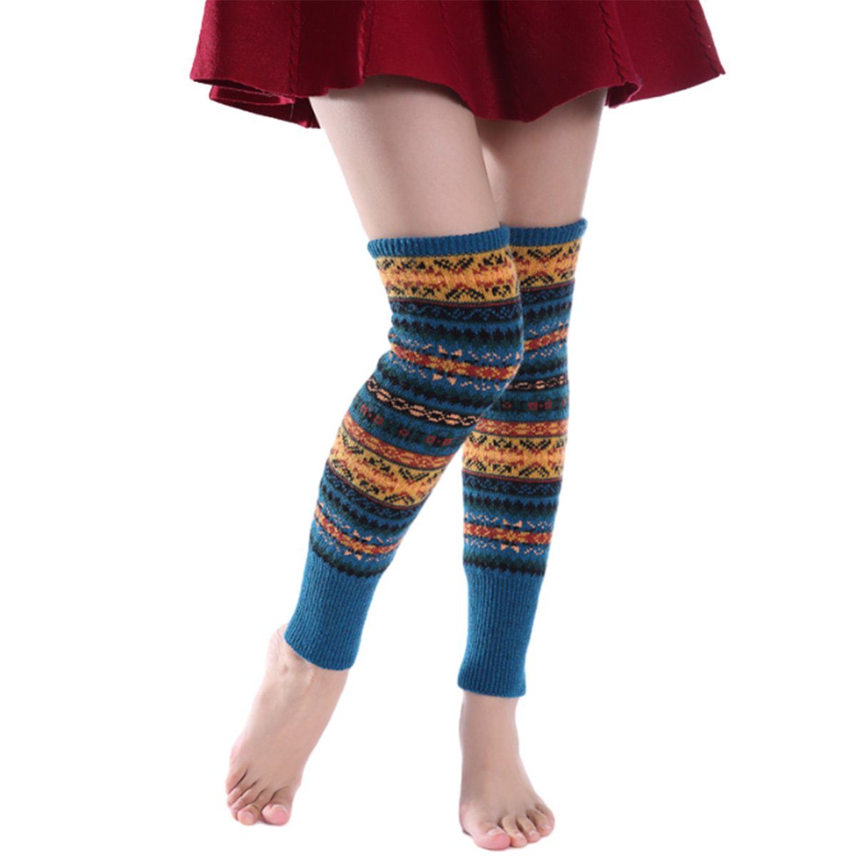 Jormftte Beinstulpen Damen Lange Winter Legwarmer Böhmischer Stil,Knit Socken,für Weihnacht Blau