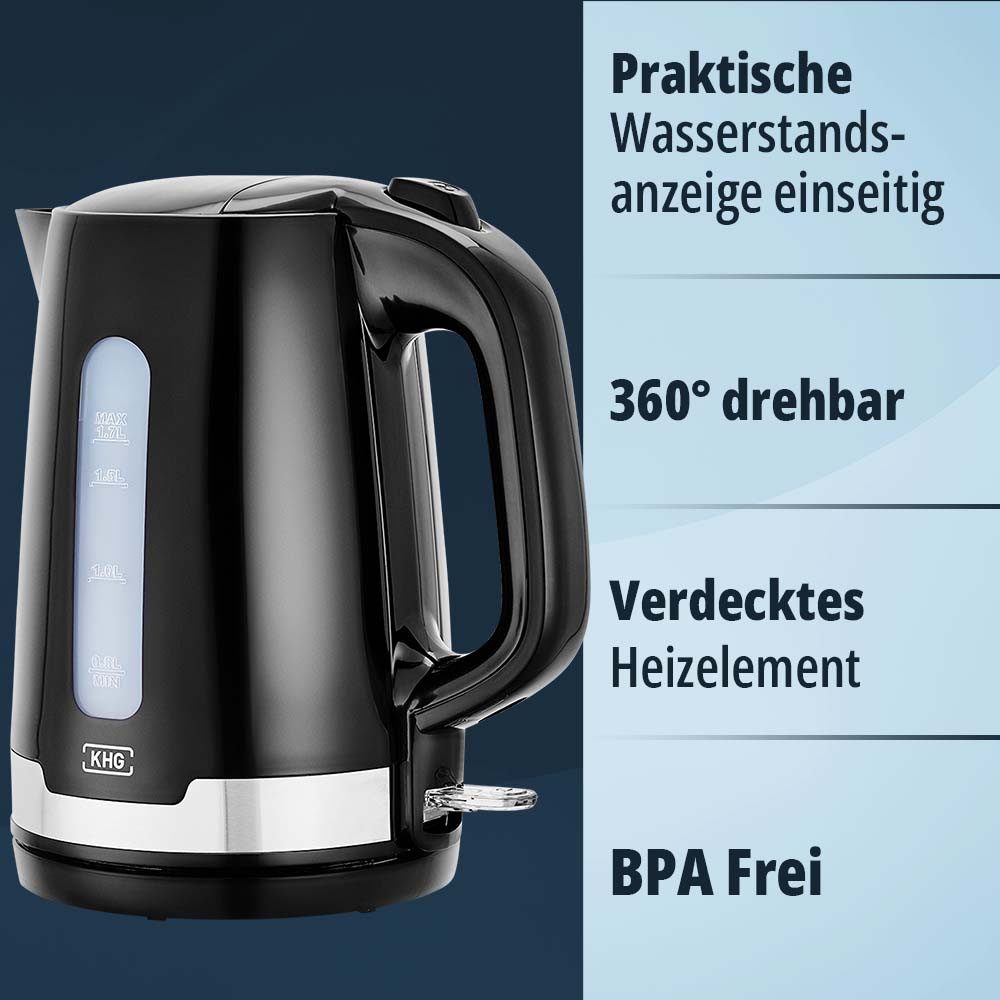 KHG Wasserkocher Wasserkocher WK-1708 SE2 in schwarz aus Kunststoff, 1,7 Liter, 1.7 l