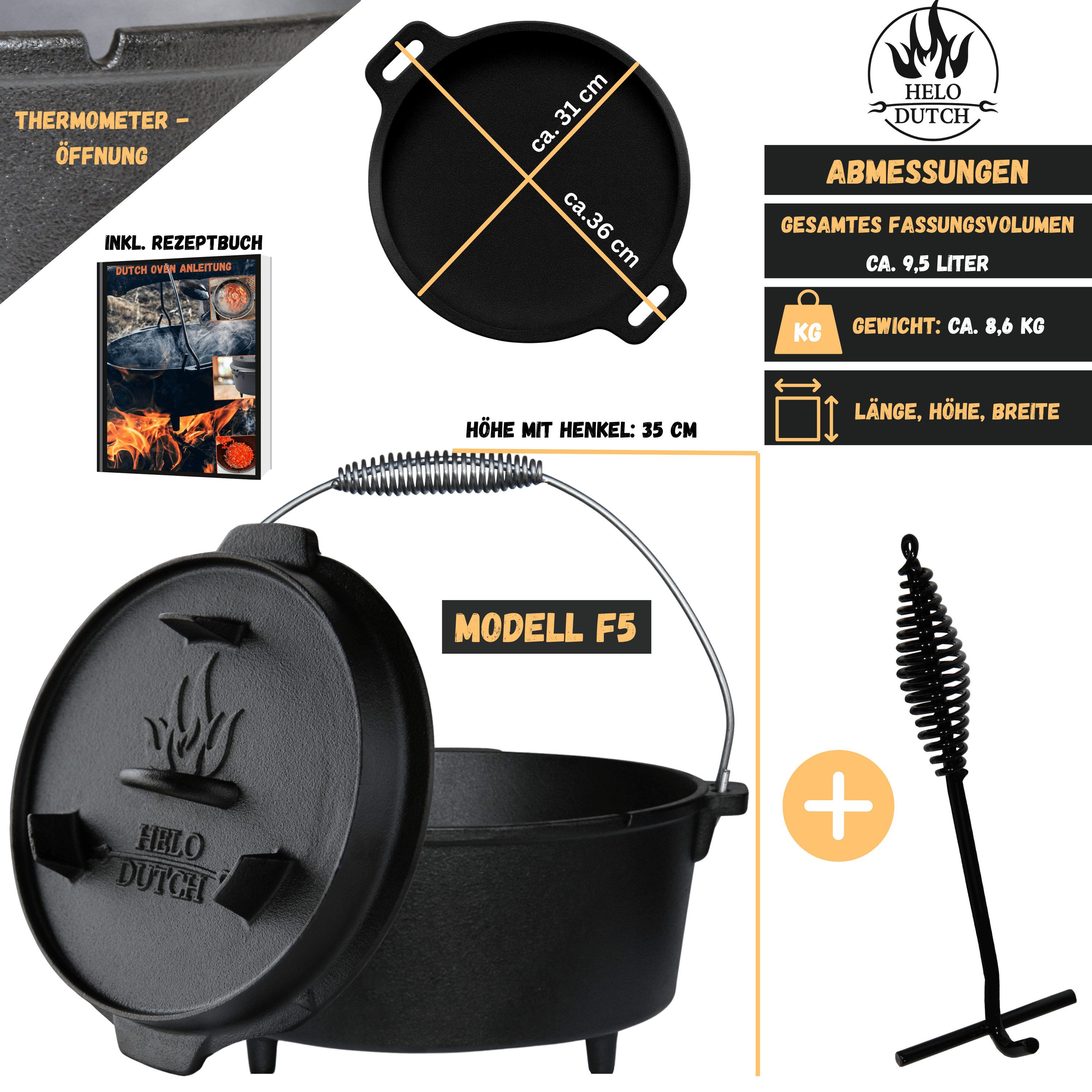 HELO24 Feuertopf Dutch Oven Set Gusseisen Deckelheber Schmortopf Kochbuch 9.5L - F5, Gusseisen