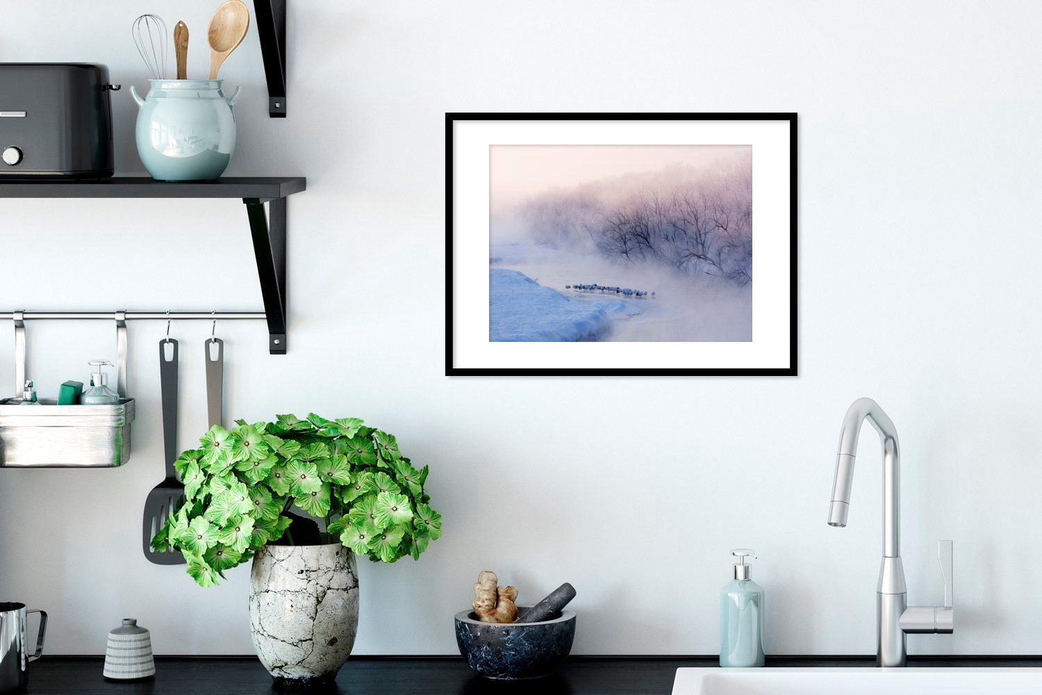 Fluss MuchoWow Rahmen, Poster Bilderrahmen Poster, Winter - Vogel Gerahmtes - Nebel Kunstdruck, - St), mit (1 Schwarzem - Eis,