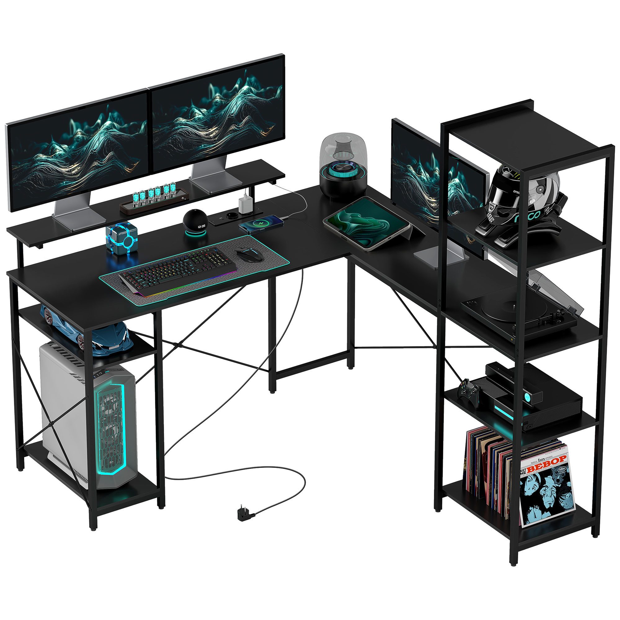 HOMCOM Computertisch L-förmig, 137 x 140 x 139,5 cm, mit 6 Ablagen, Monitorständer (Bürotisch, 1-St., Eckschreibtisch), mit Monitorständer, USB, Steckdose, für Homeoffice, Büro, Schwarz