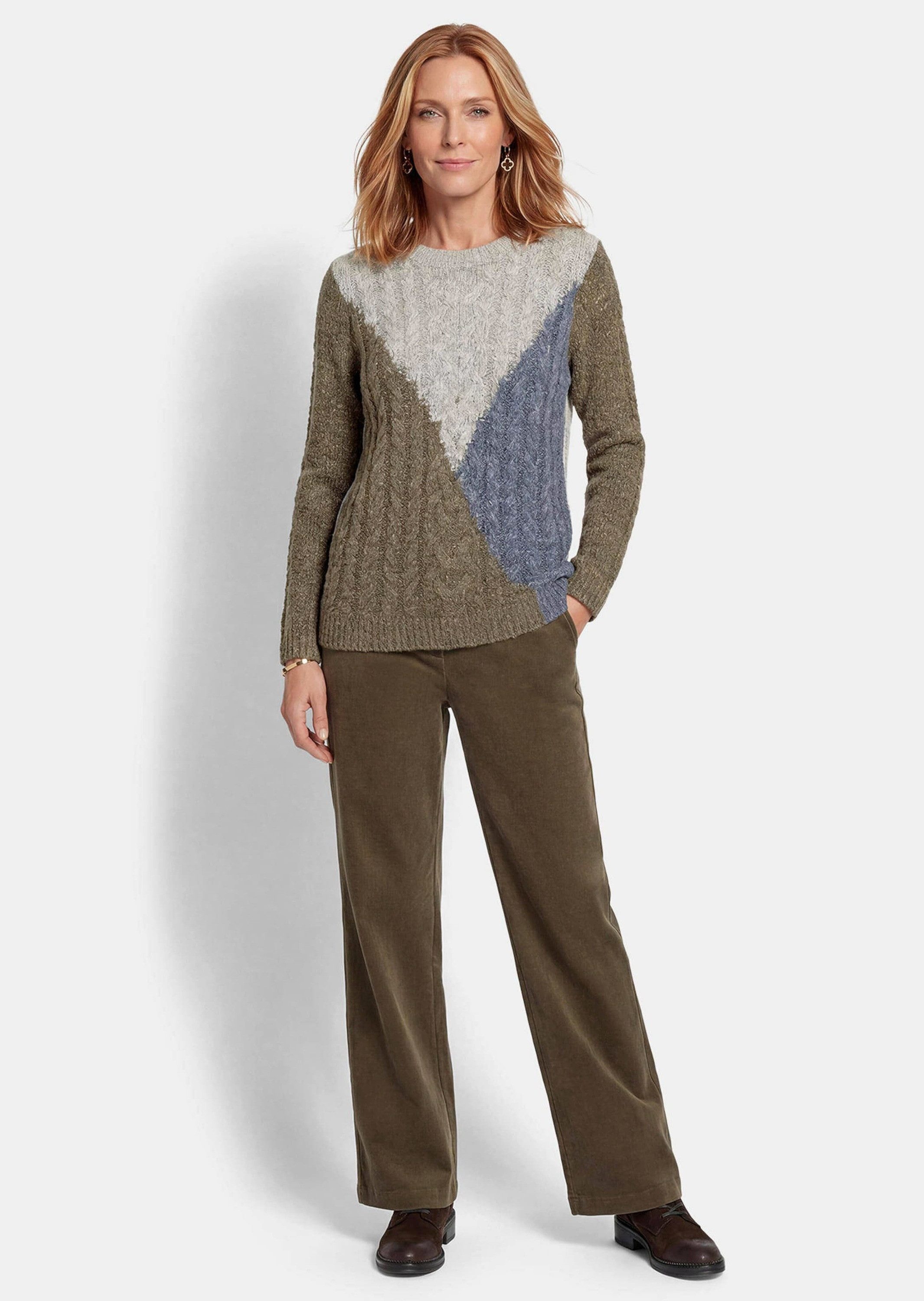 GOLDNER Strickpullover Zopfpullover in Bouclé-Optik Weicher Intarsienstrick mit U-Boot-Ausschnitt und Rippenbündchen