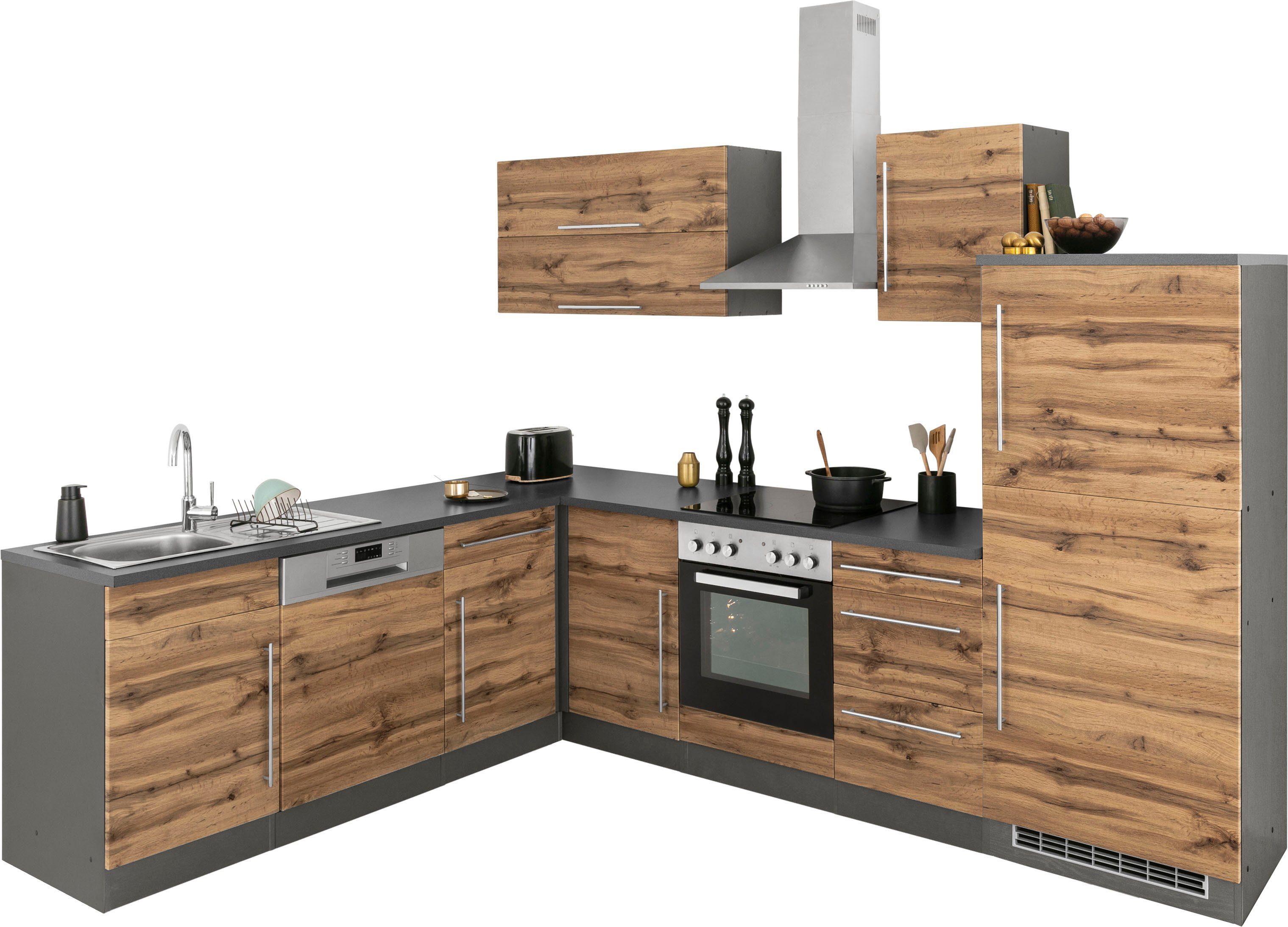 KOCHSTATION Winkelküche KS-Samos, Stellbreite 280x220 cm, wahlweise mit E-Geräten, mit Arbeitsplatte
