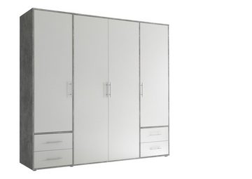 möbelando Kleiderschrank Valencia (BxHxT: 206x195x60 cm) in Beton Optik / Weiß mit 4 Schubladen und 4 Türen