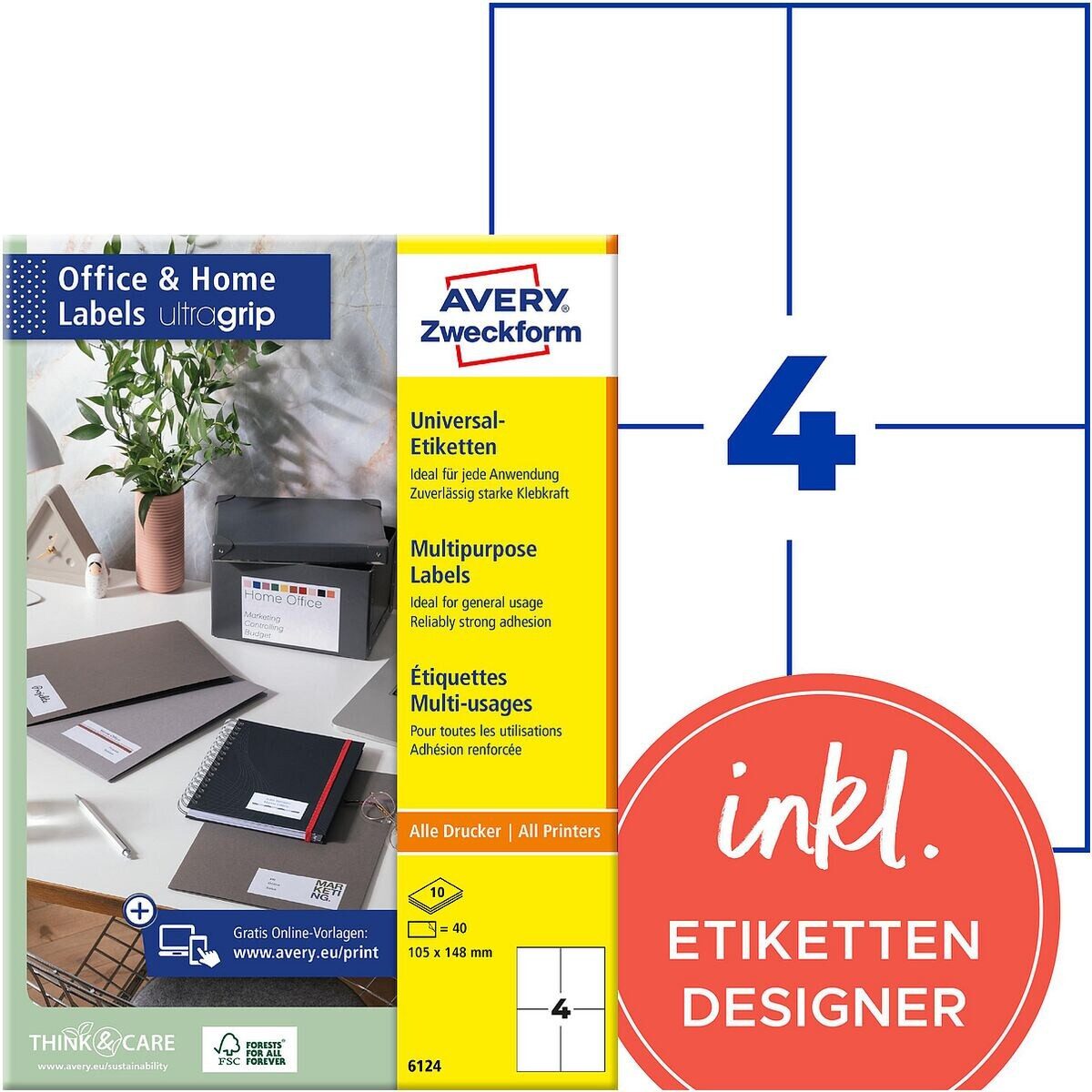 Avery Zweckform Etiketten 6124, 40 Stück, Adresse (105x148 mm), selbstklebend