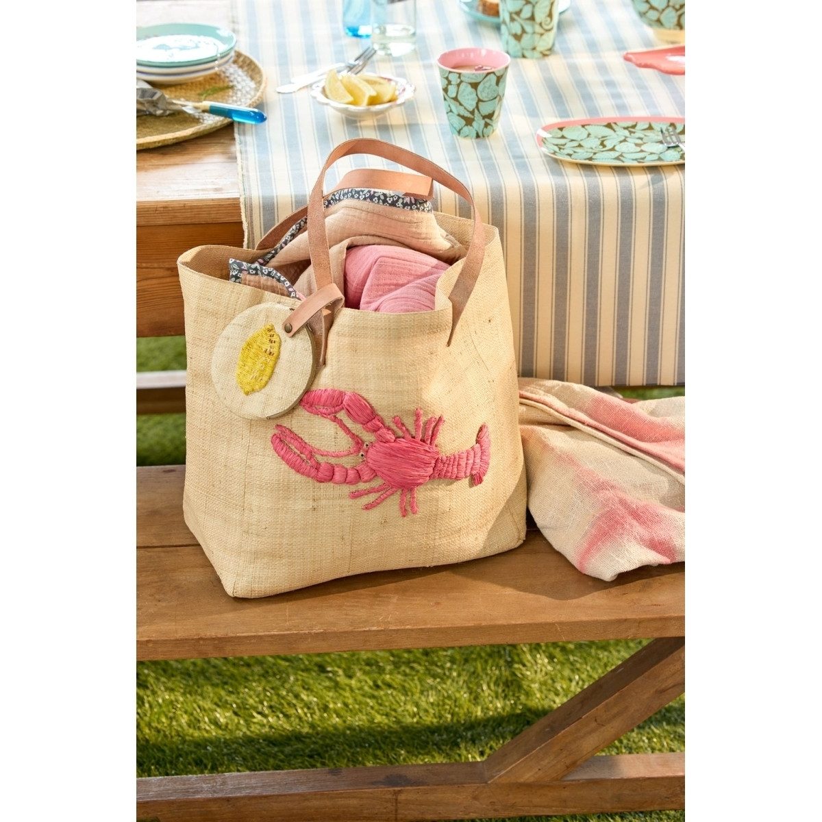 rice Shopper Handgefertigte Raffia Tasche mit Hummer-Motiv & Zitronen-Täschchen