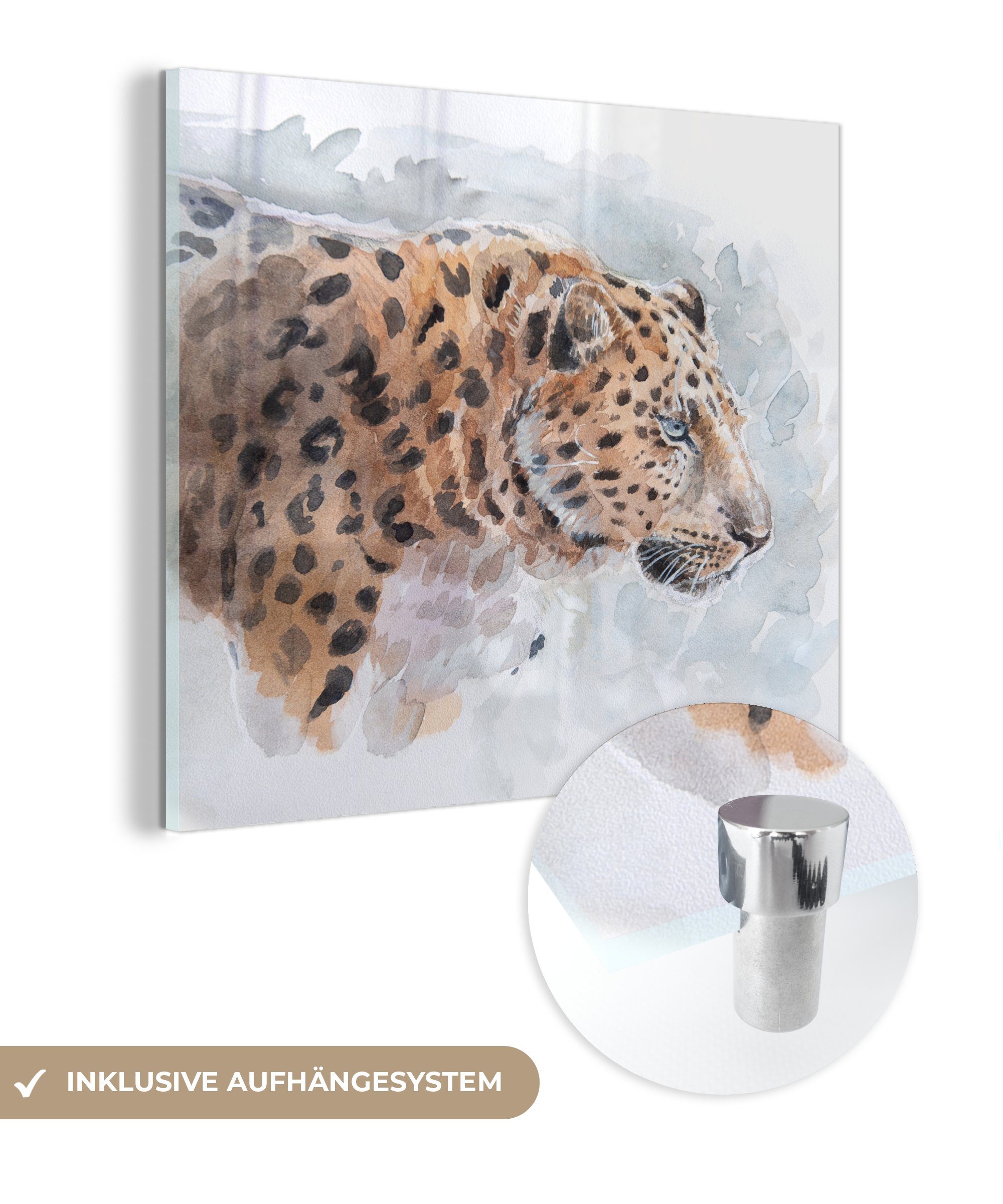 MuchoWow Acrylglasbild Panther - Aquarell - Tiere, (1 St), Glasbilder - Bilder auf Glas Wandbild - Foto auf Glas - Wanddekoration