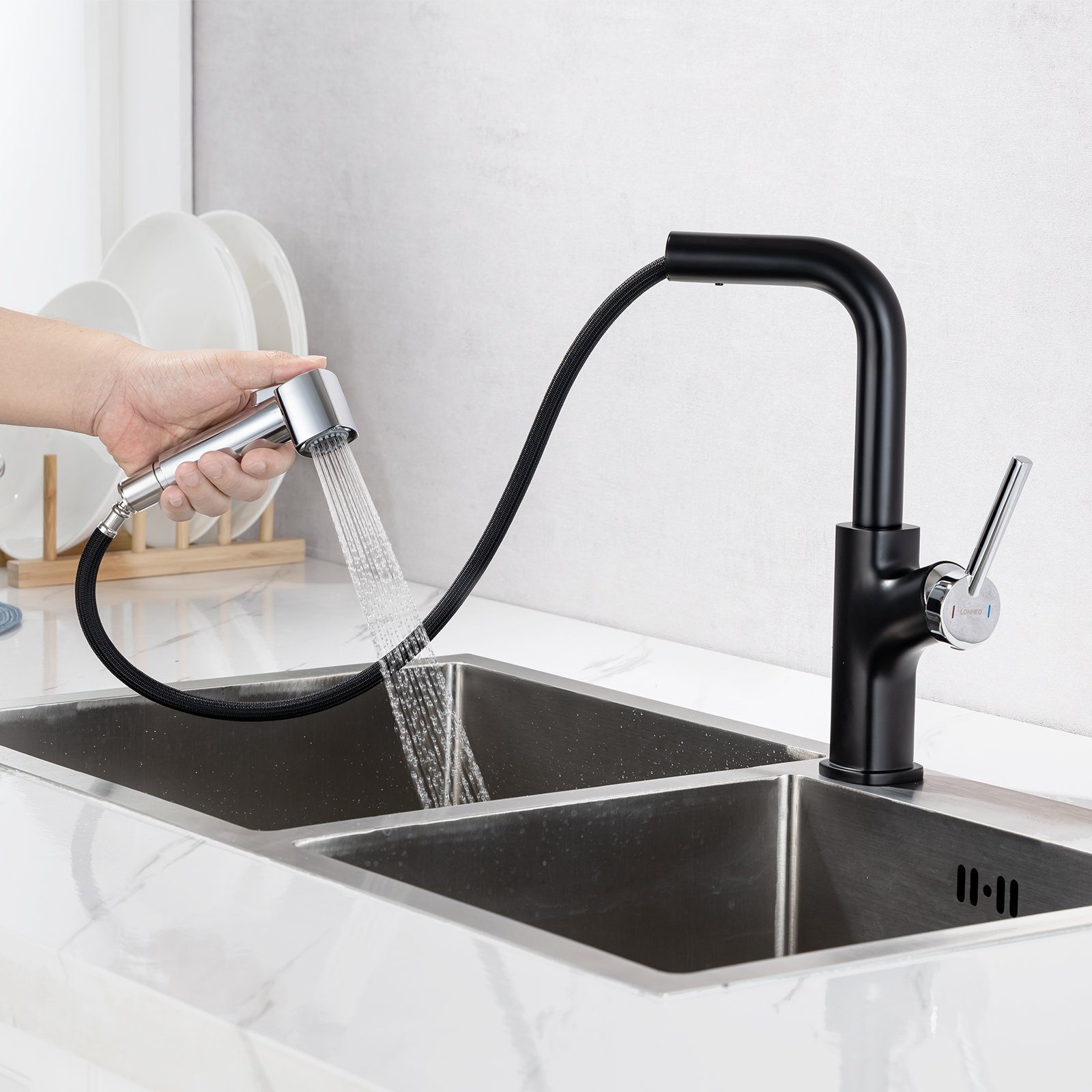 Auralum Küchenarmatur Küchenarmatur Ausziehbar Hochdruck Küchenwasserhah 2 Wasserauslassmodi Chrom+Schwarz