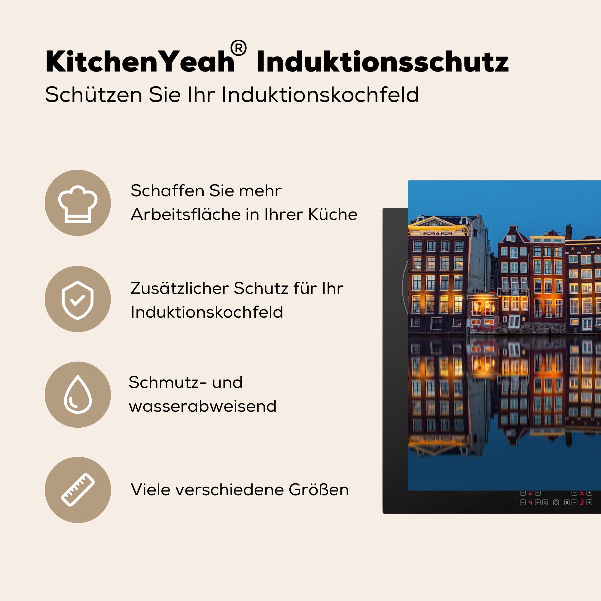 MuchoWow Herdblende-/Abdeckplatte Schutz Vinyl, Induktionskochfeld Reflexion, für die 81x52 - Amsterdam tlg), cm, - küche, (1 Ceranfeldabdeckung Haus