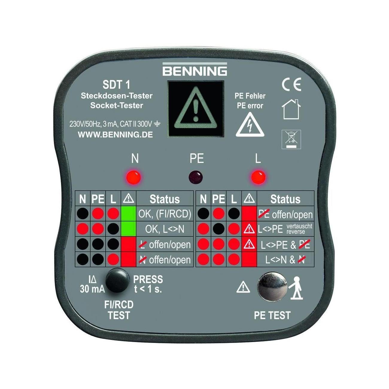 Spannungsprüfer Benning Steckdosenprüfgerät digi RCD/FI BENNINGSDT1