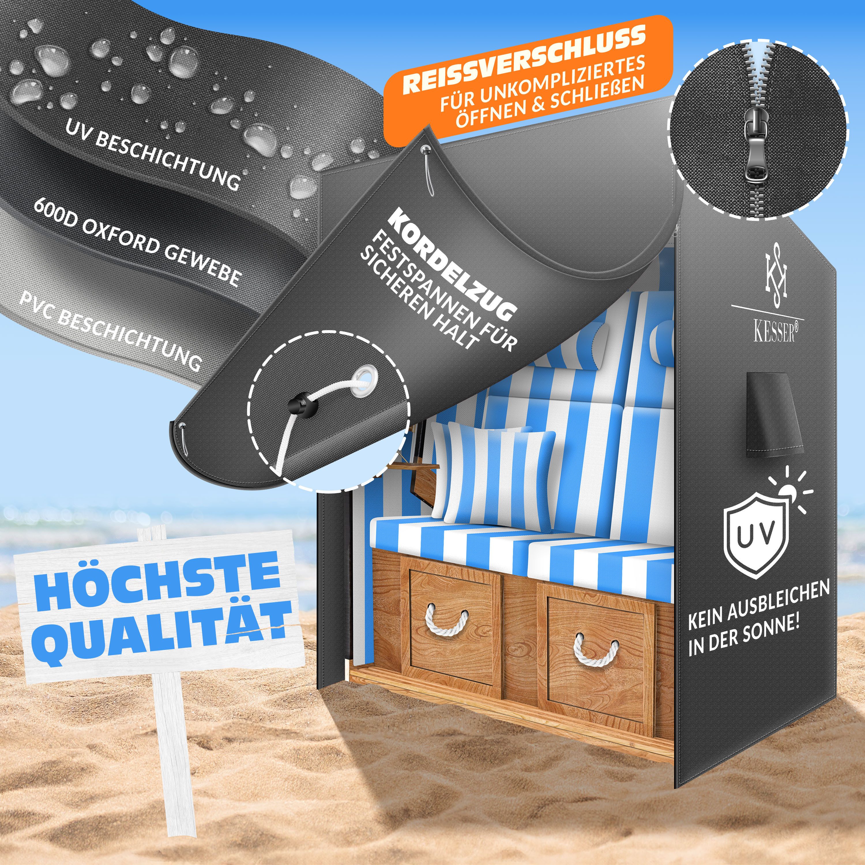 KESSER Strandkorb-Schutzhülle Premium Abdeckung 600D Oxford Gewebe (Strandkorbabdeckung mit Belüftungsöffnungen 160x120x90 cm), UV-Beständige Strandkorbhülle Re – Bild 4 von 5