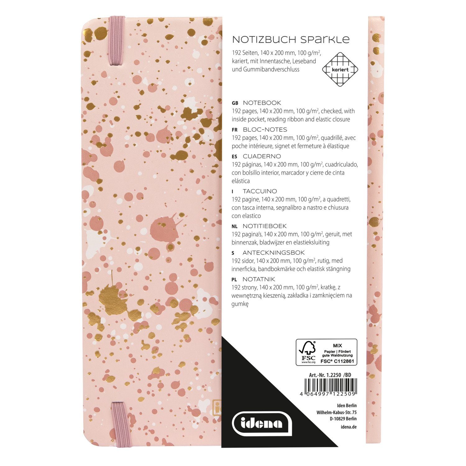 Idena Notizbuch Idena 12250 - Notizbuch Sparkle Rose, kariert, 14 x 20 cm, 192 Seiten
