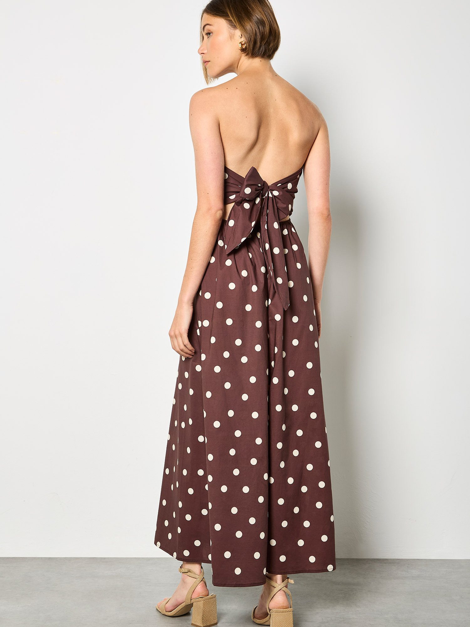 Apricot Jumpsuit Jumpsuit mit weitem Bein mit Schleife am Rücken und Polka-Dot-Muster