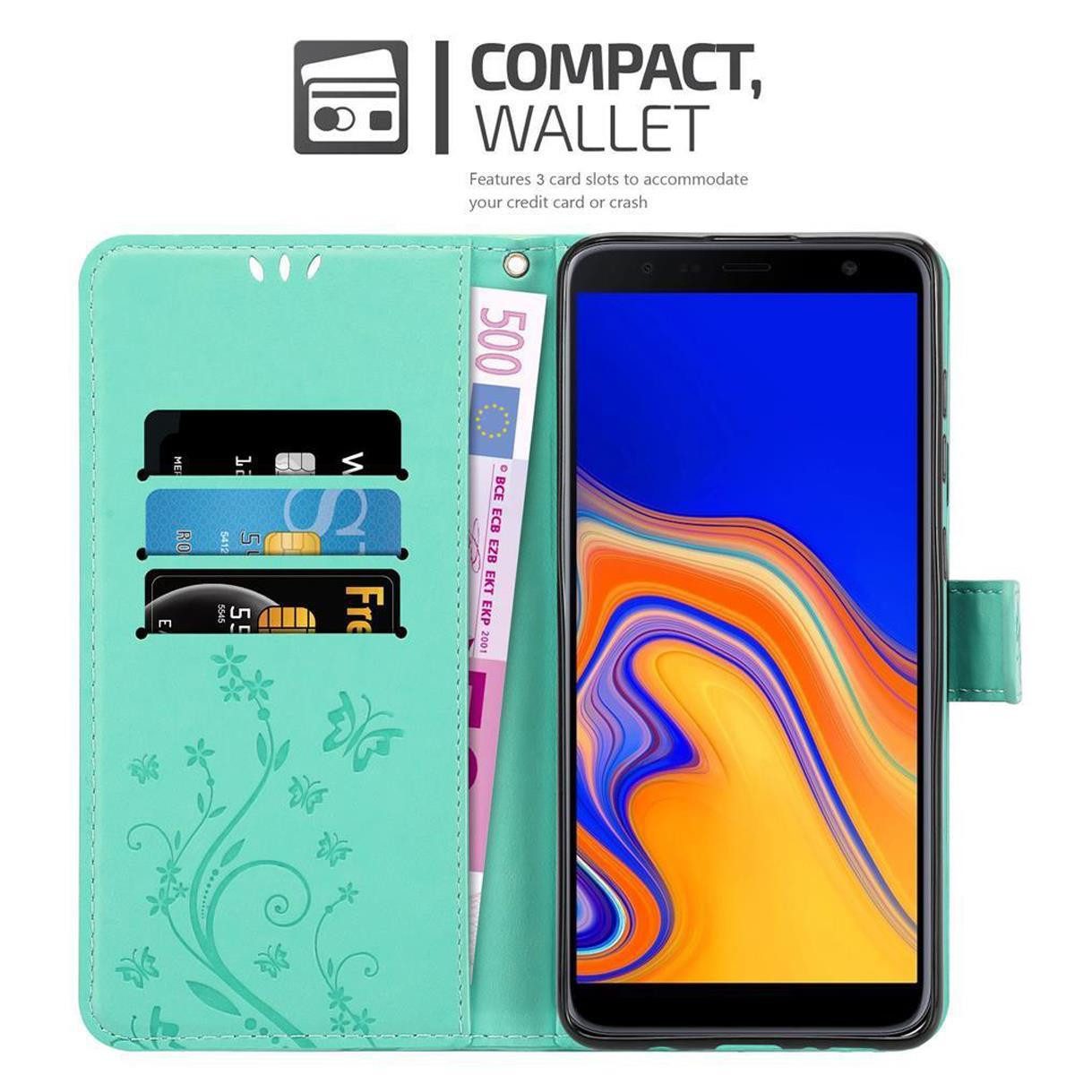 Cadorabo Handyhülle für Samsung Galaxy J4 PLUS Hülle Samsung Galaxy J4 PLUS, Hülle Schutzhülle Blumen Flower mit Standfunktion Kartenfach Magnet