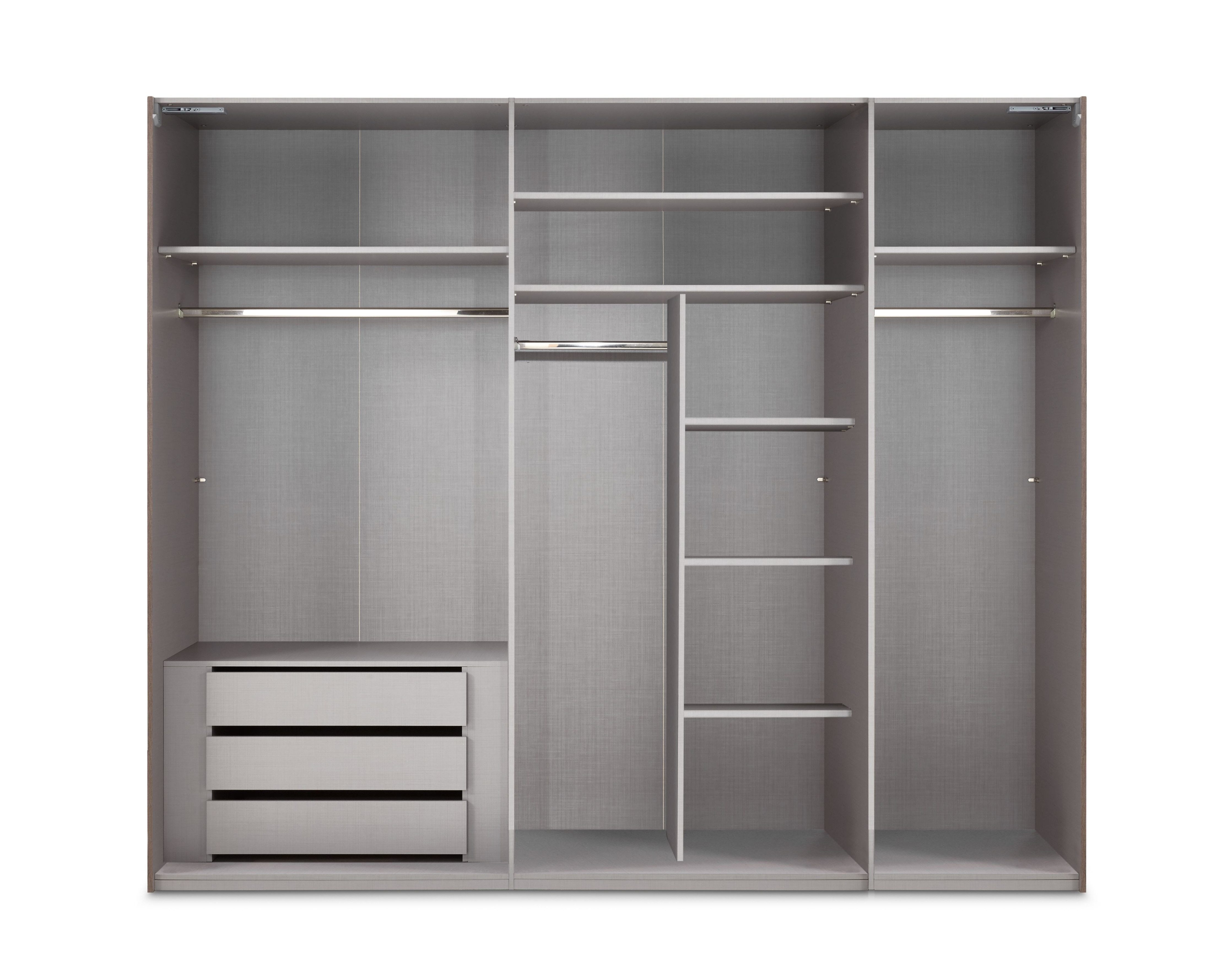 luma-home Schwebetürenschrank 22015 (3-türiger Kleiderschrank mit Vollausstattung als optimale Stauraumlösung) B250/H216/T65 cm in Anthrazit mit Spiegel und schwarzen Griffleisten