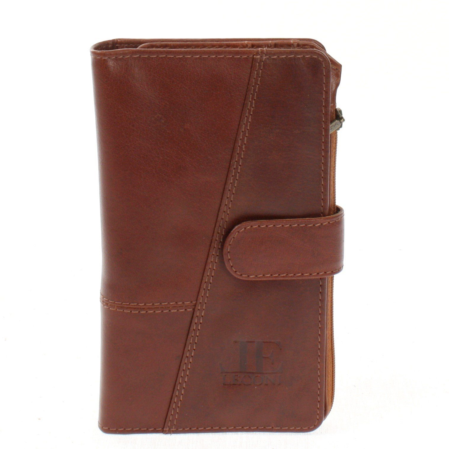 LECONI Geldbörse großes Portemonnaie Damen Brieftasche Frauen Echt Leder LE9017, Schlaufe mit Druckknopf – 20 Kartenfächer – 11 × 19 × 2,5 cm