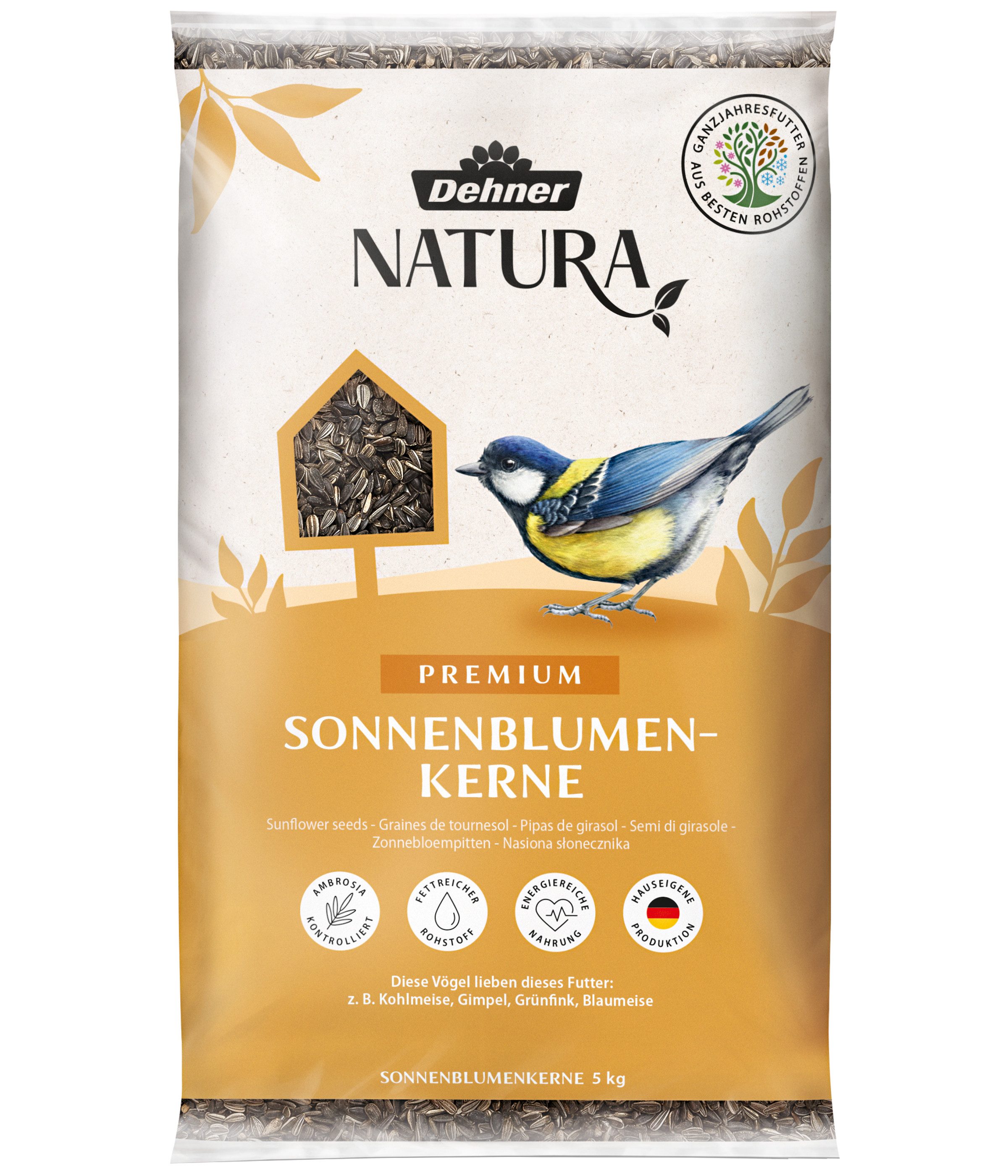 Dehner Natura Premium Sonnenblumenkerne, Wildvogelfutter, für Kohlmeise, Blaumeise und Grünfink