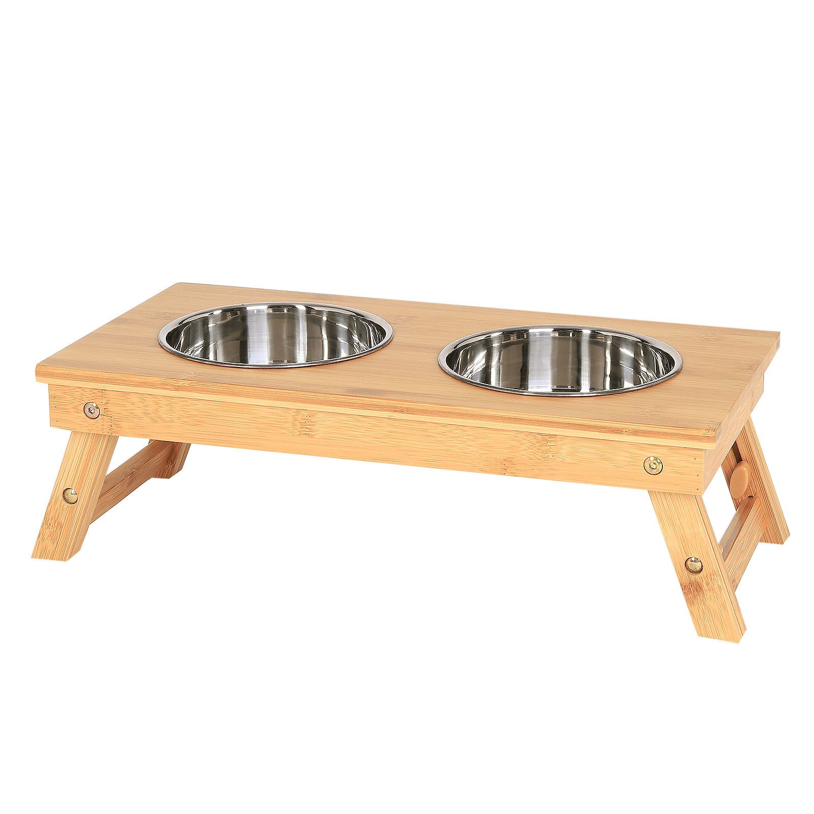 lionto Futternapf erhöht, Bambus-Futterstation mit 2 Näpfen, Edelstahl, höhenverstellbar von 14,5 cm bis 18,5 cm