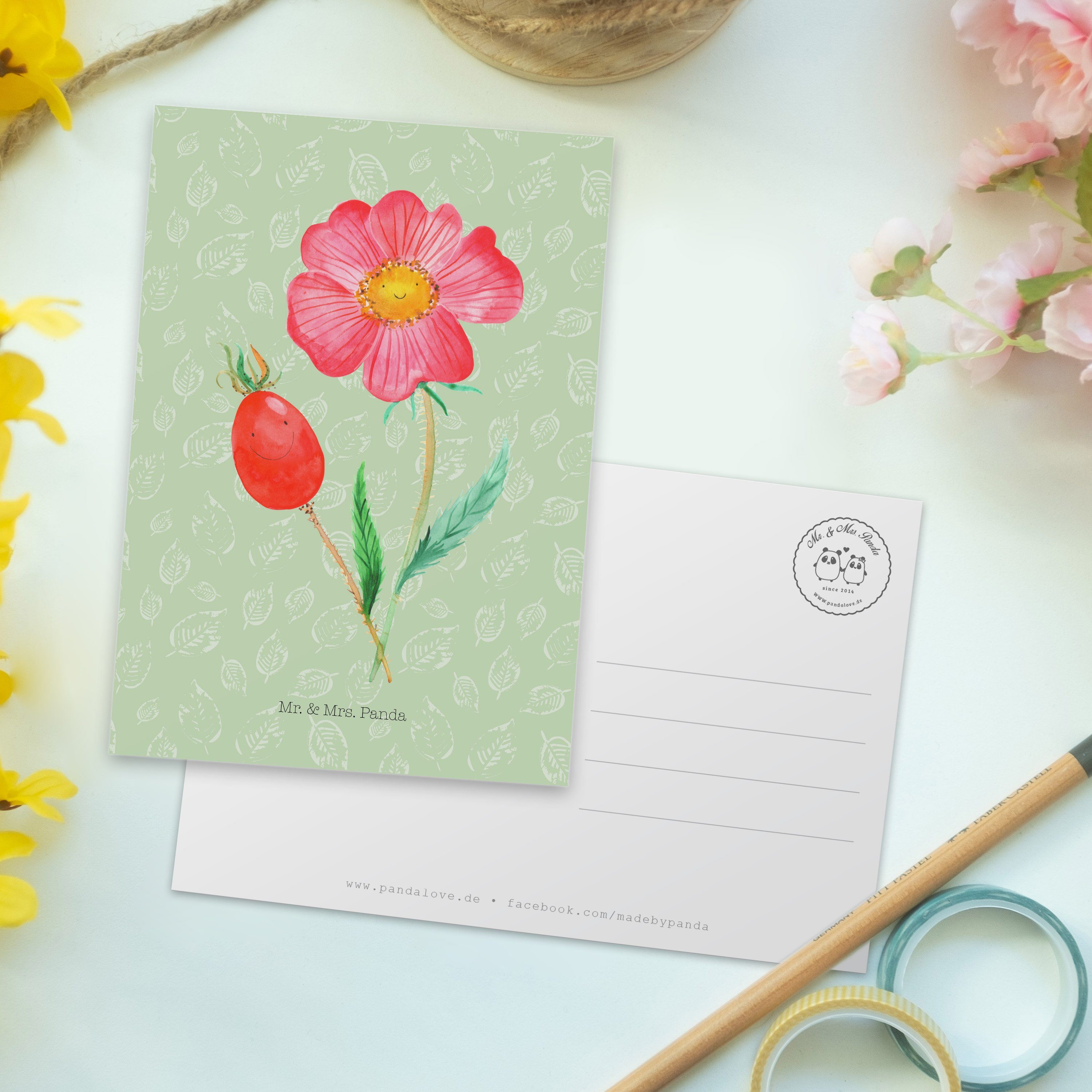 Postkarte - Mrs. Lebensfreude, Panda - Mr. & Hagebutte Einladung Blattgrün Grußkarte, Geschenk,
