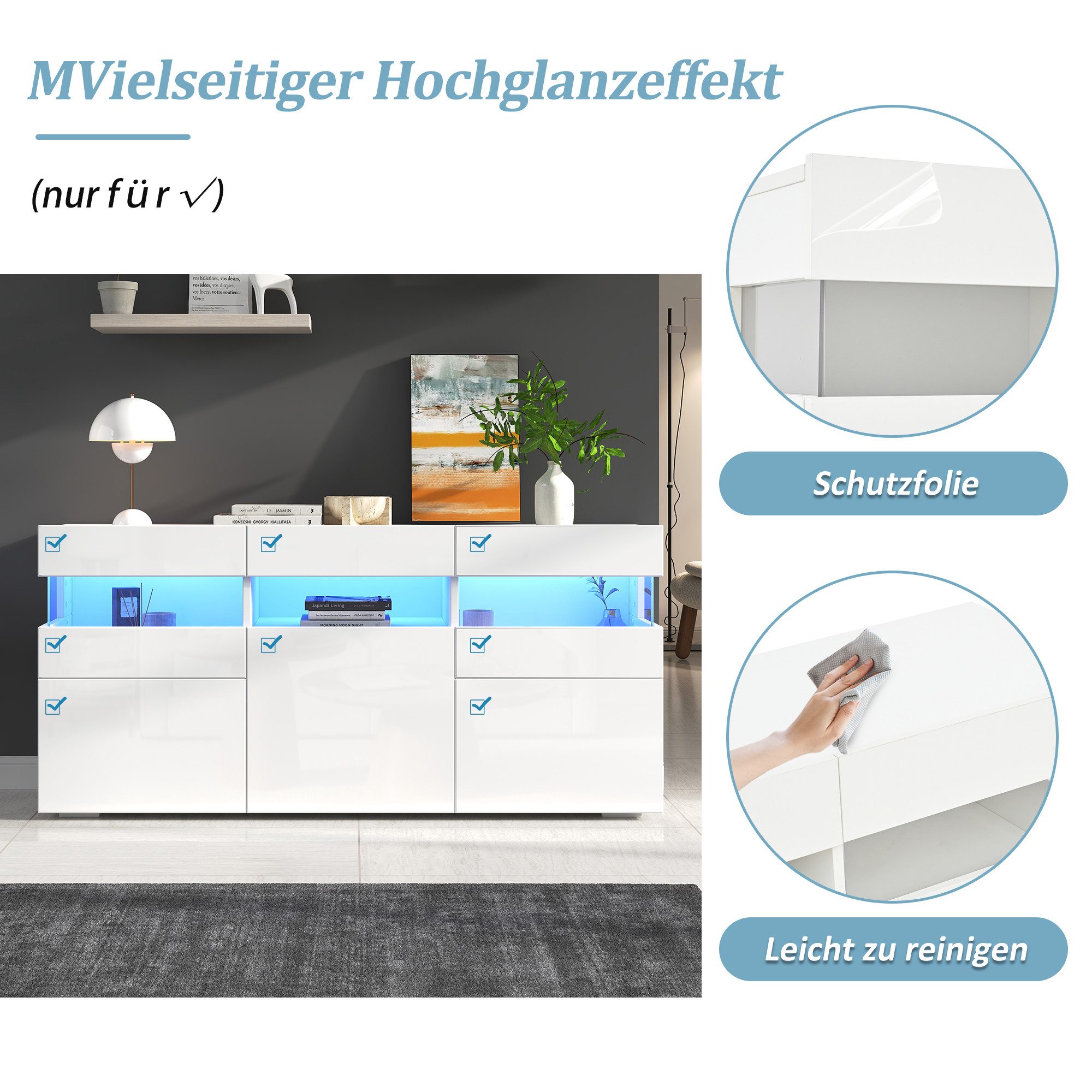 Merax Sideboard mit LED-Lichtleiste, Anrichte in Weiß mit Hochglanzfront (1 St., 140*40.5*66.5cm), Wohnzimmerschrank Kommode mit 3 Türen, 7 Ablagefächern, Acryl-Elemente