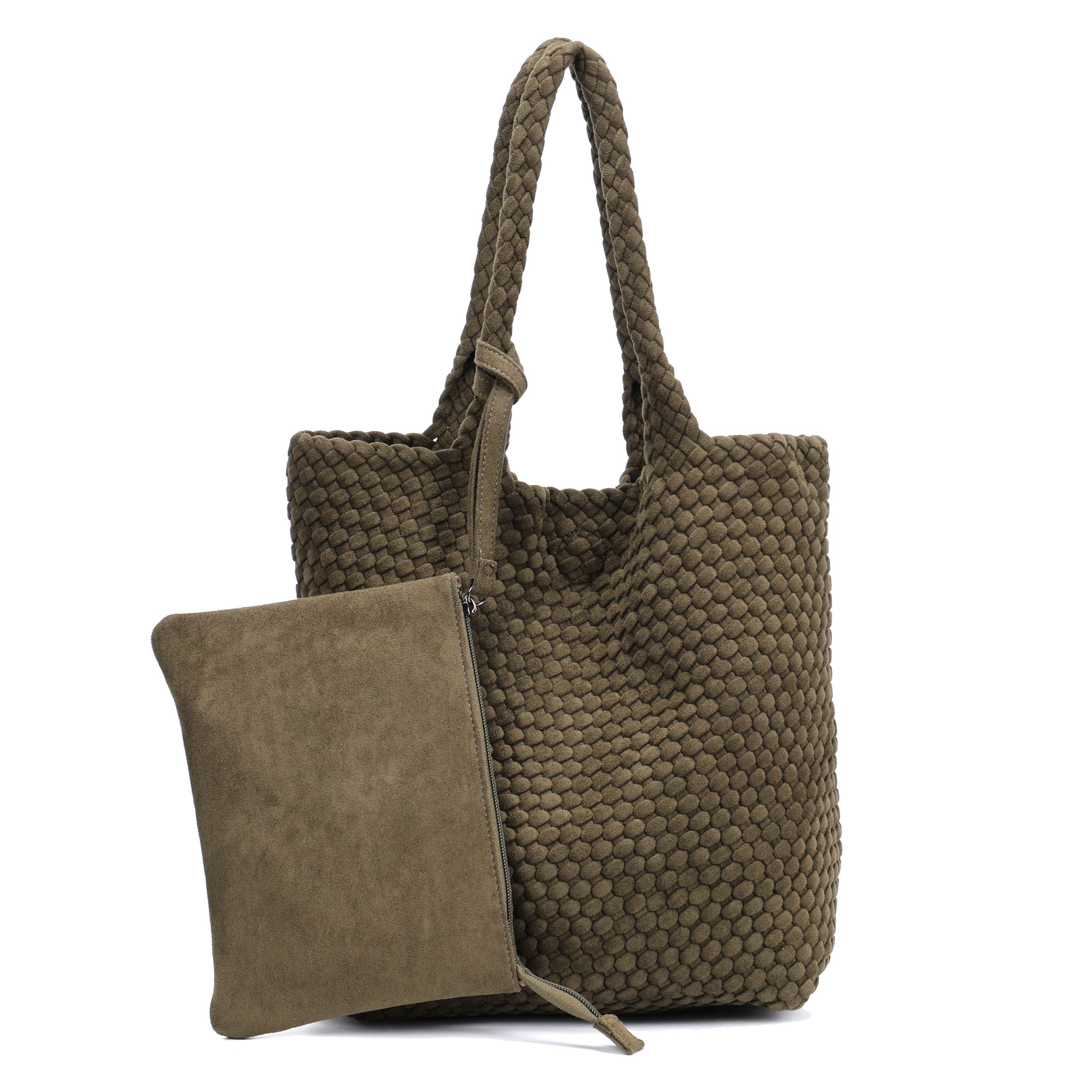 MIRROSI Shopper Damen Schultertasche Handgeflochten Wildleder-Optik (Schultertasche mit kleiner Zusatztasche, ca.36x14x31 cm), große Hobo Bag mit Innentasche